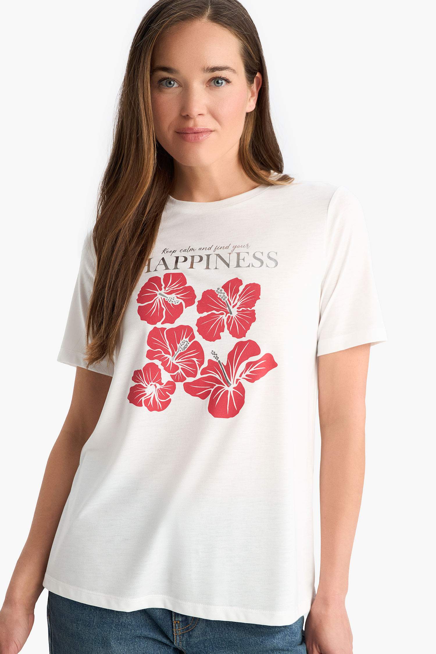 Regular Fit Bisiklet Yaka Baskılı Kısa Kollu Tişört