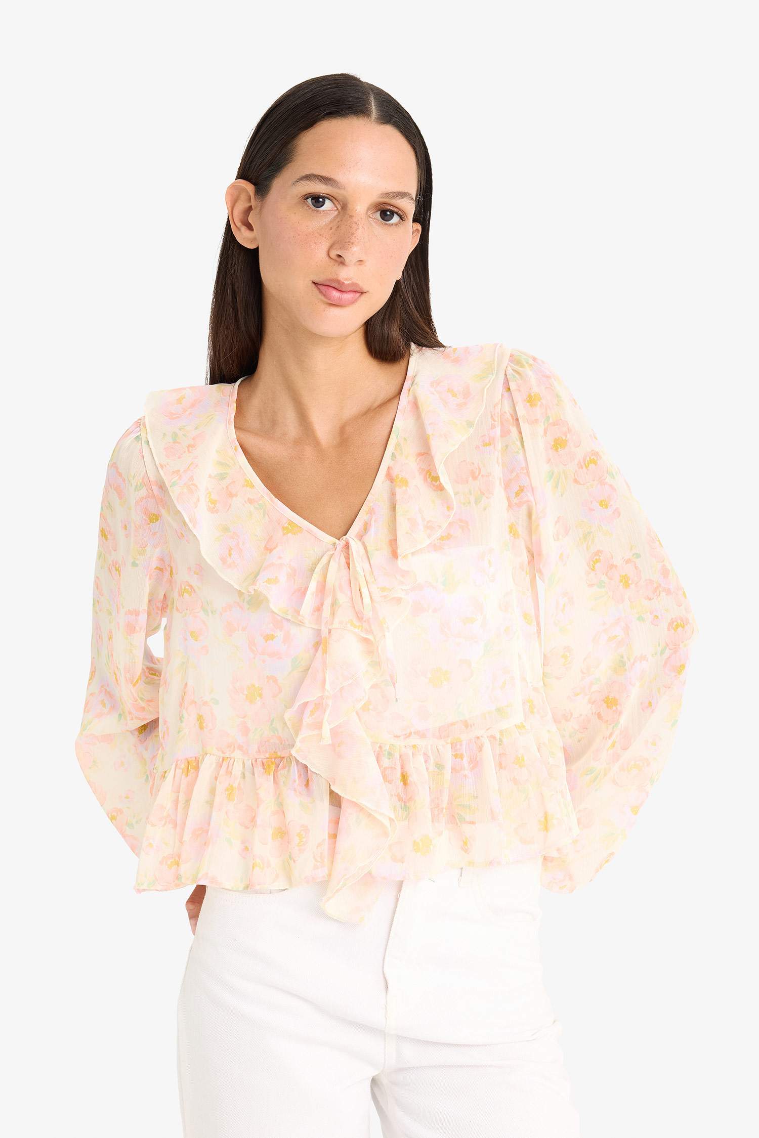 Regular Fit Floral Şifon Uzun Kollu Bluz