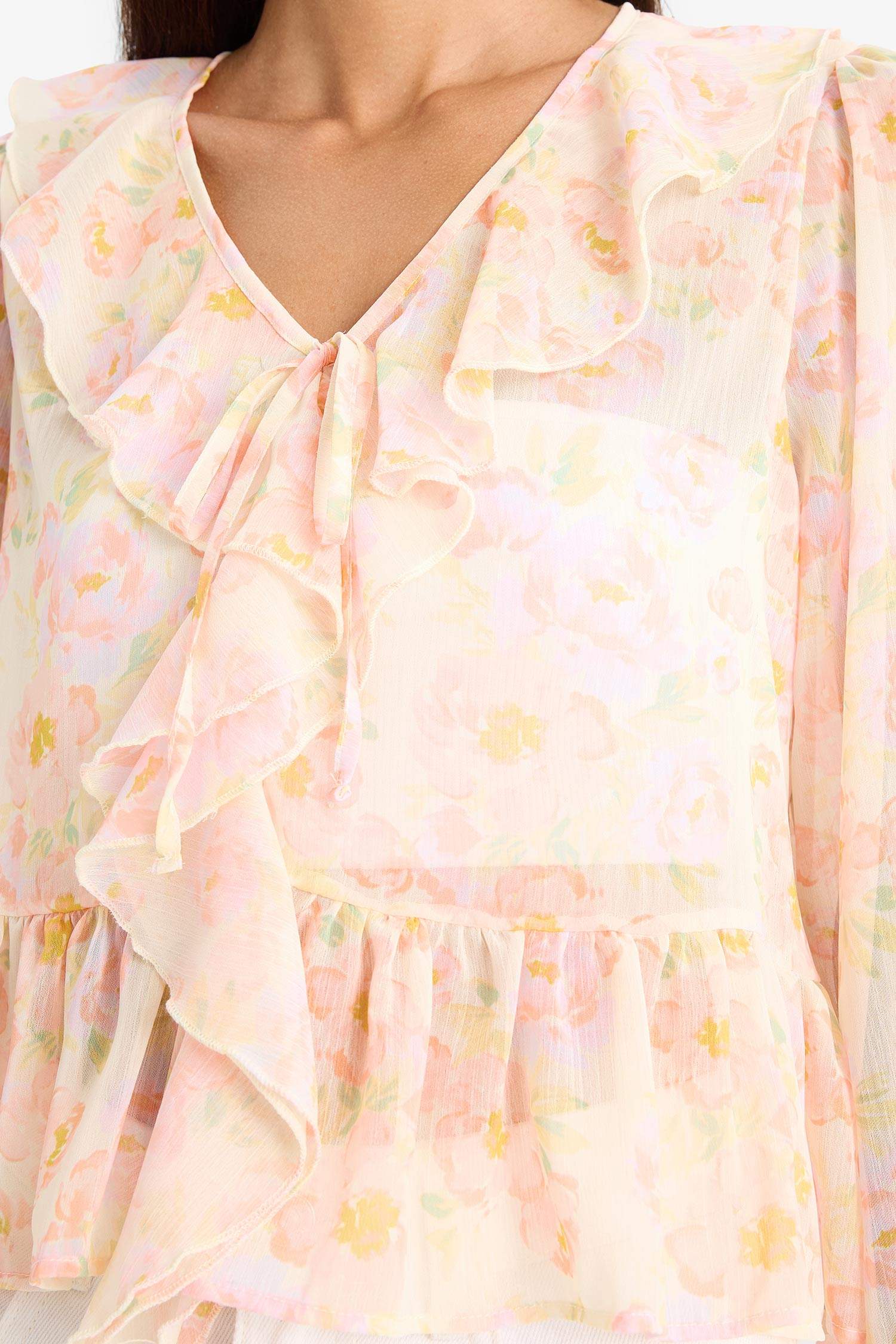 Regular Fit Floral Şifon Uzun Kollu Bluz