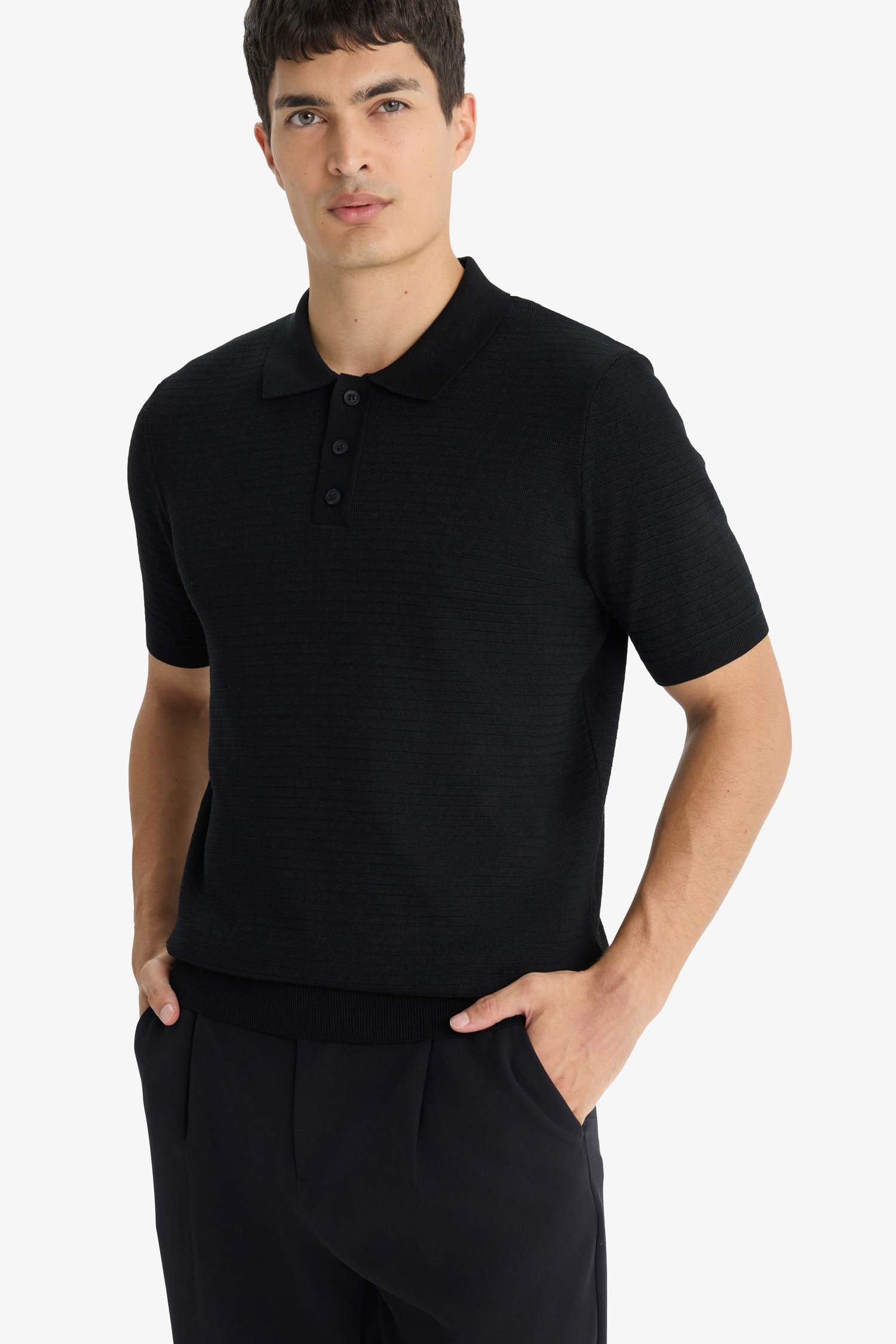 Standard Fit Polo Neck Knit Short Sleeve T-Shirt