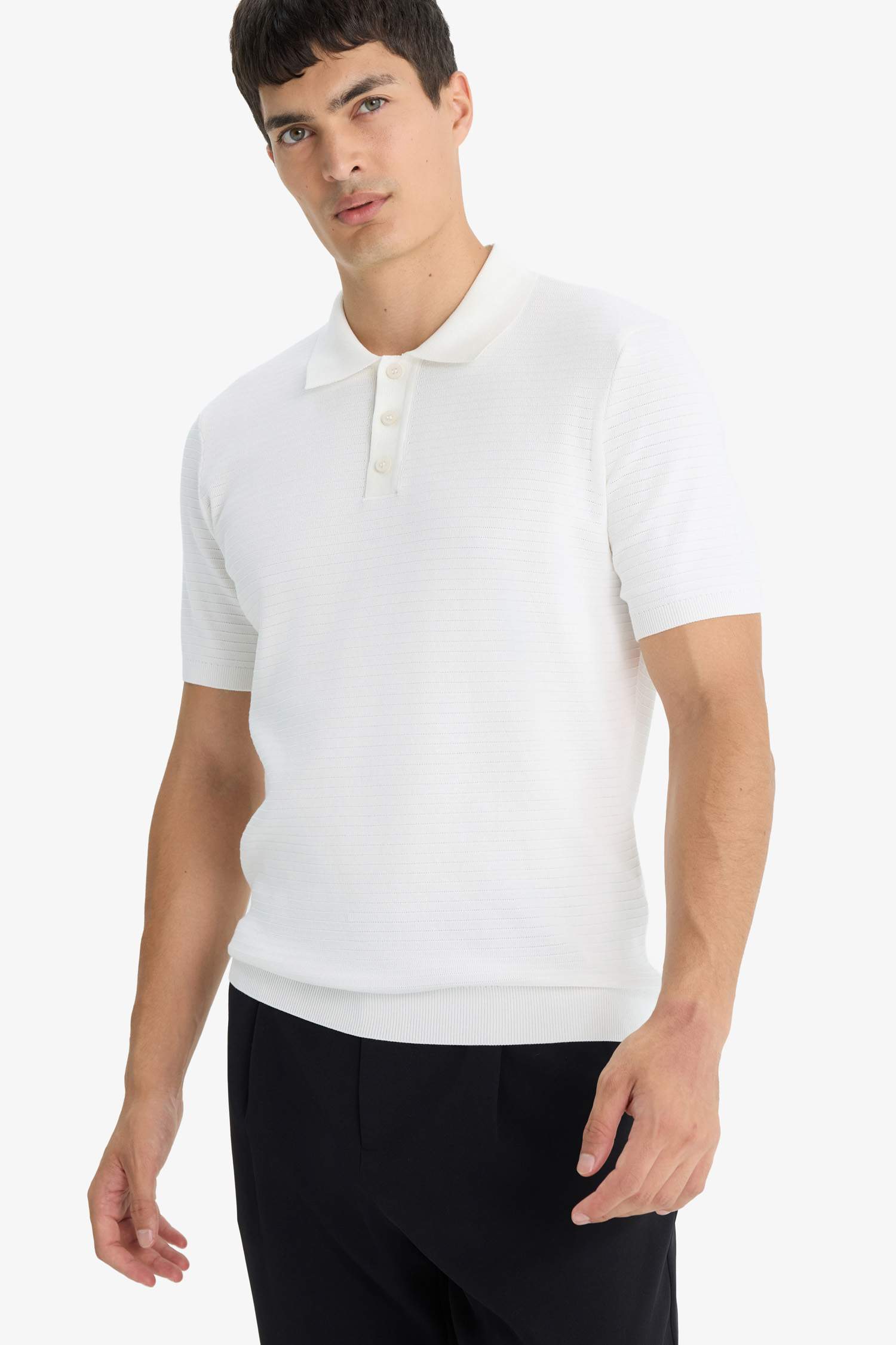 Standard Fit Polo Neck Knit Short Sleeve T-Shirt