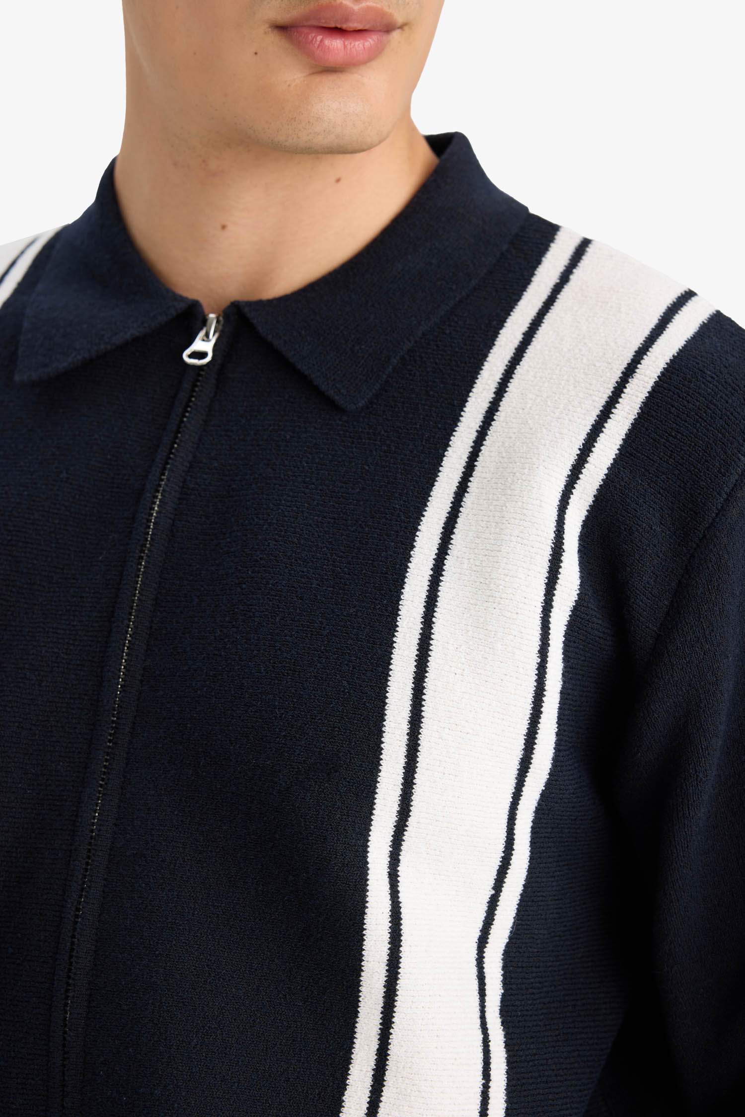 Standart Fit Polo Yaka Fermuarlı Çizgili Triko Hırka