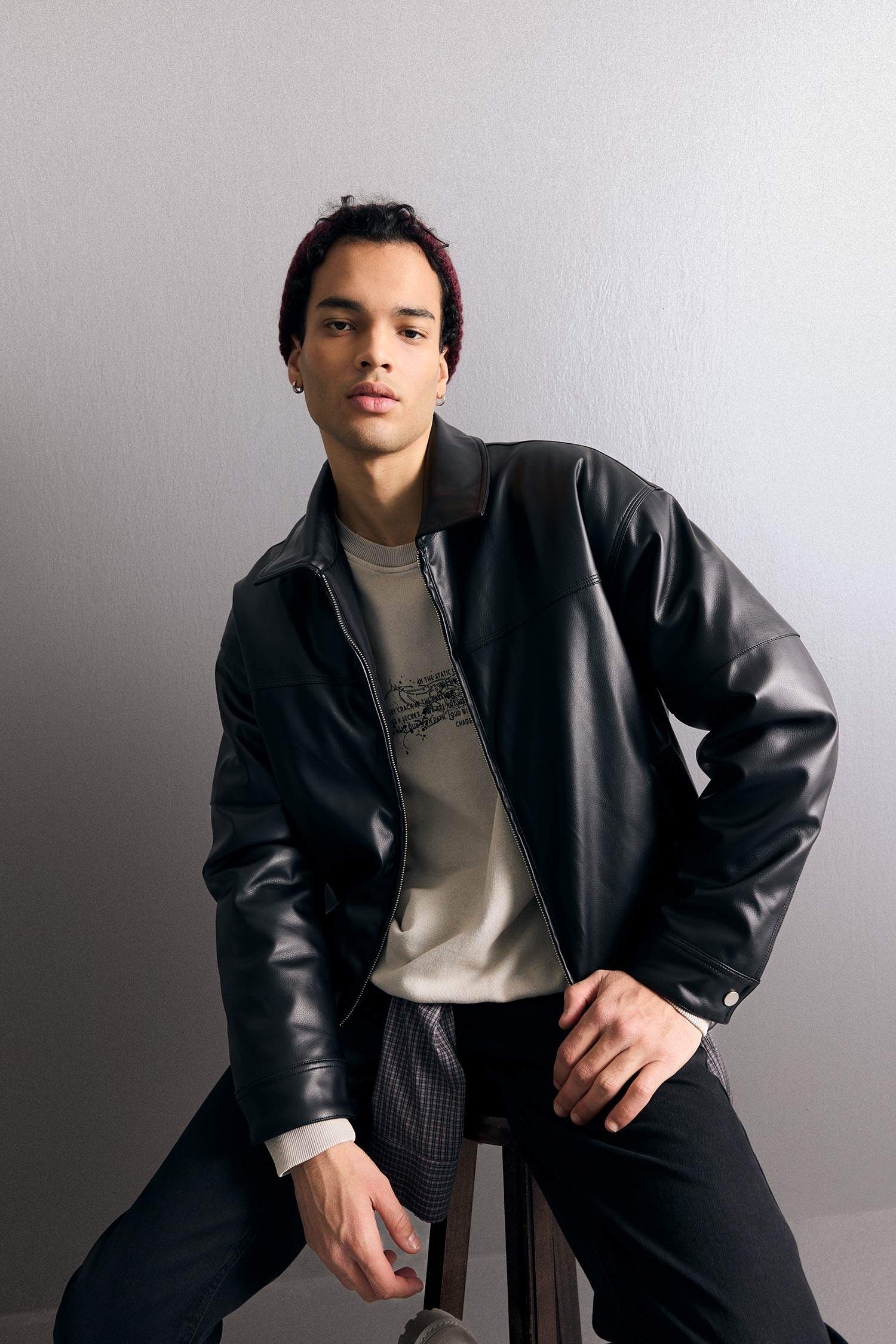 Veste en similicuir à col contraste et poches Coupe décontractée