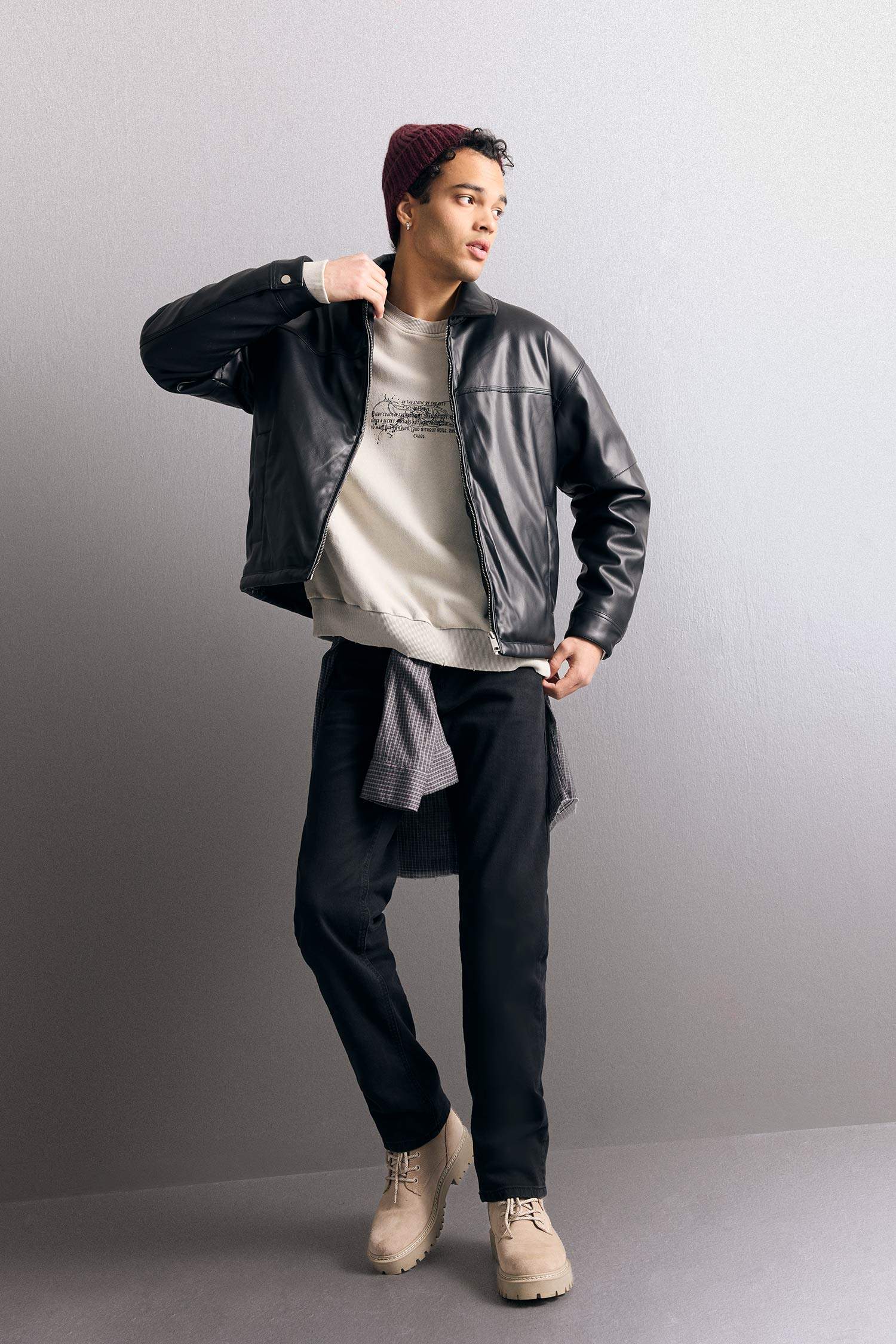 Veste en similicuir à col contraste et poches Coupe décontractée