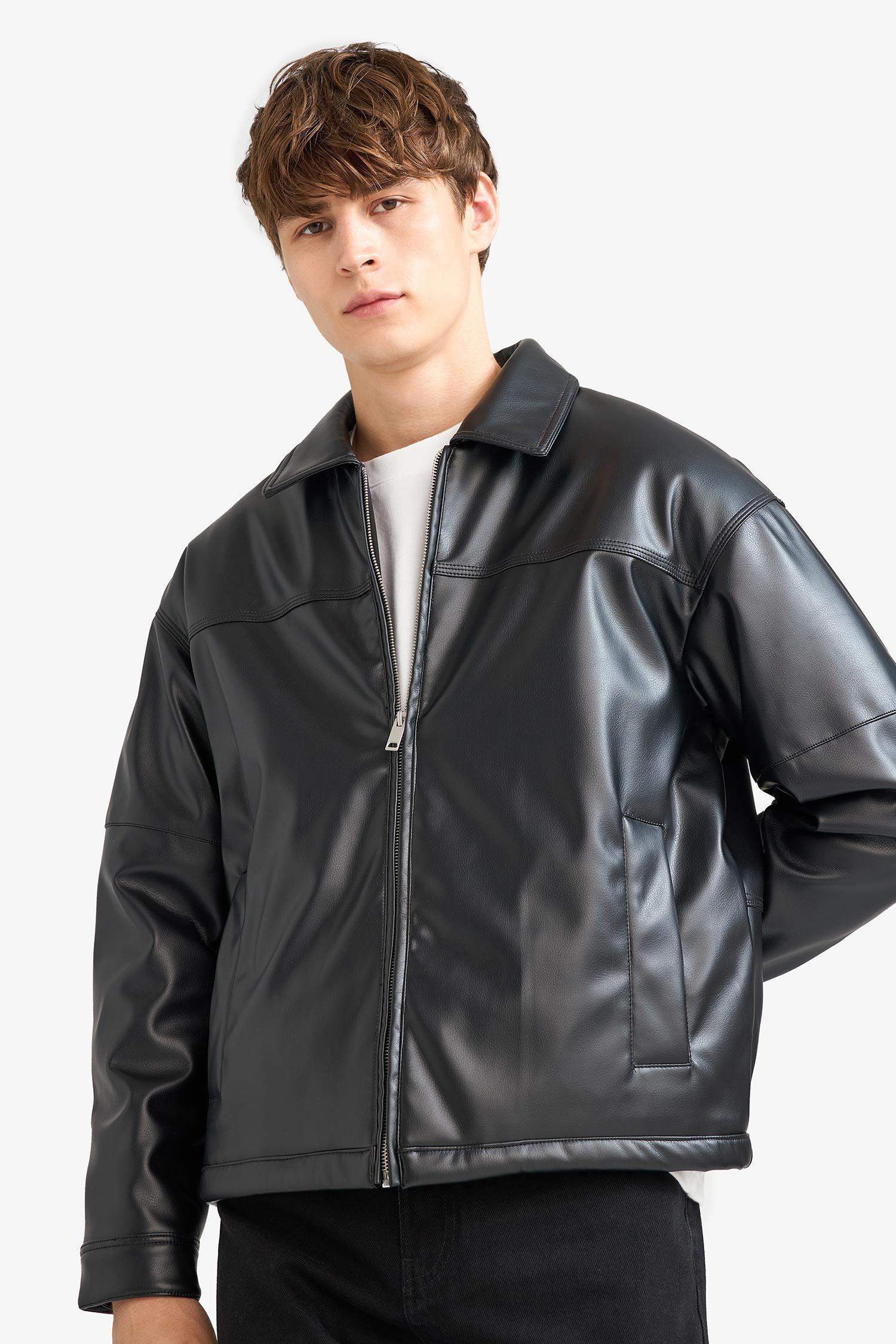 Veste en similicuir à col contraste et poches Coupe décontractée