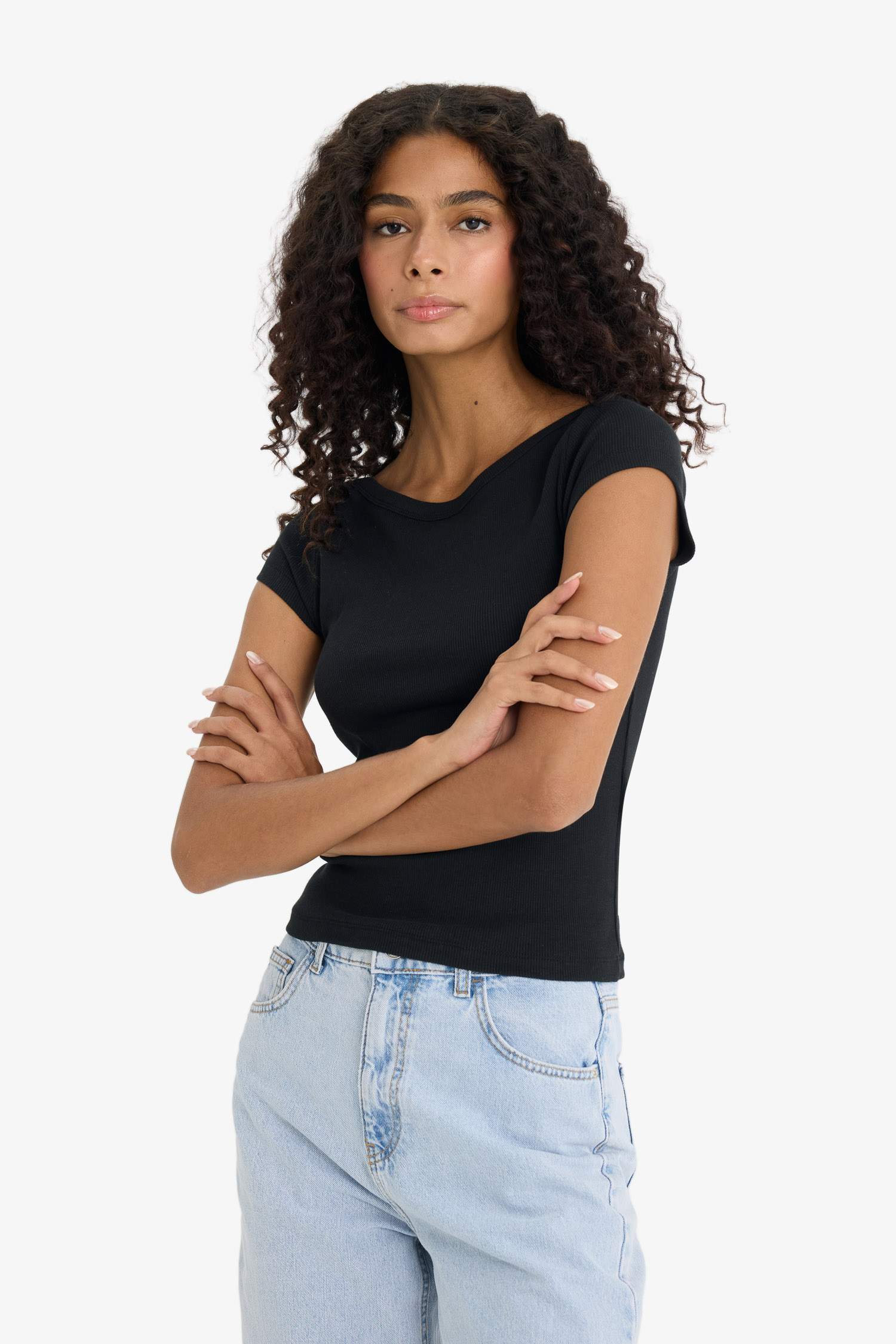 Slim Fit Boat Neck Ribbed Camisole Black T-Shirt