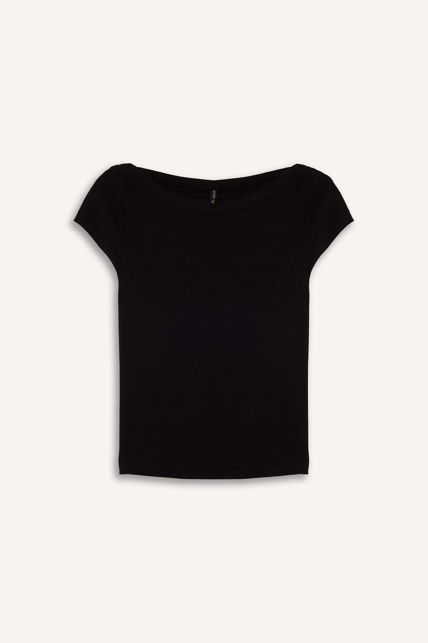 Slim Fit Boat Neck Ribbed Camisole Black T-Shirt