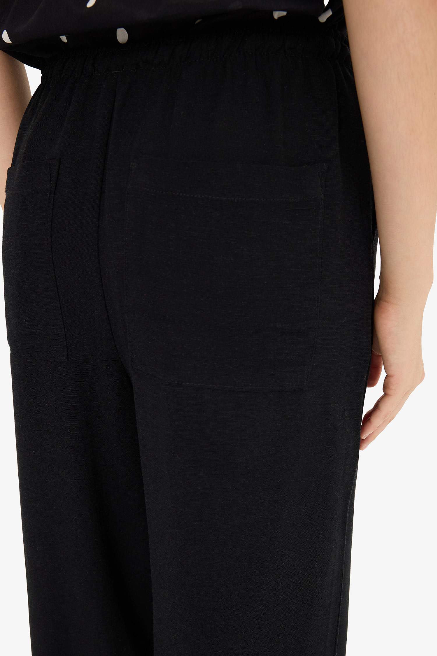 Wide Leg Cepli Yüksek Bel Standart Boy Keten Karışımlı Pantolon