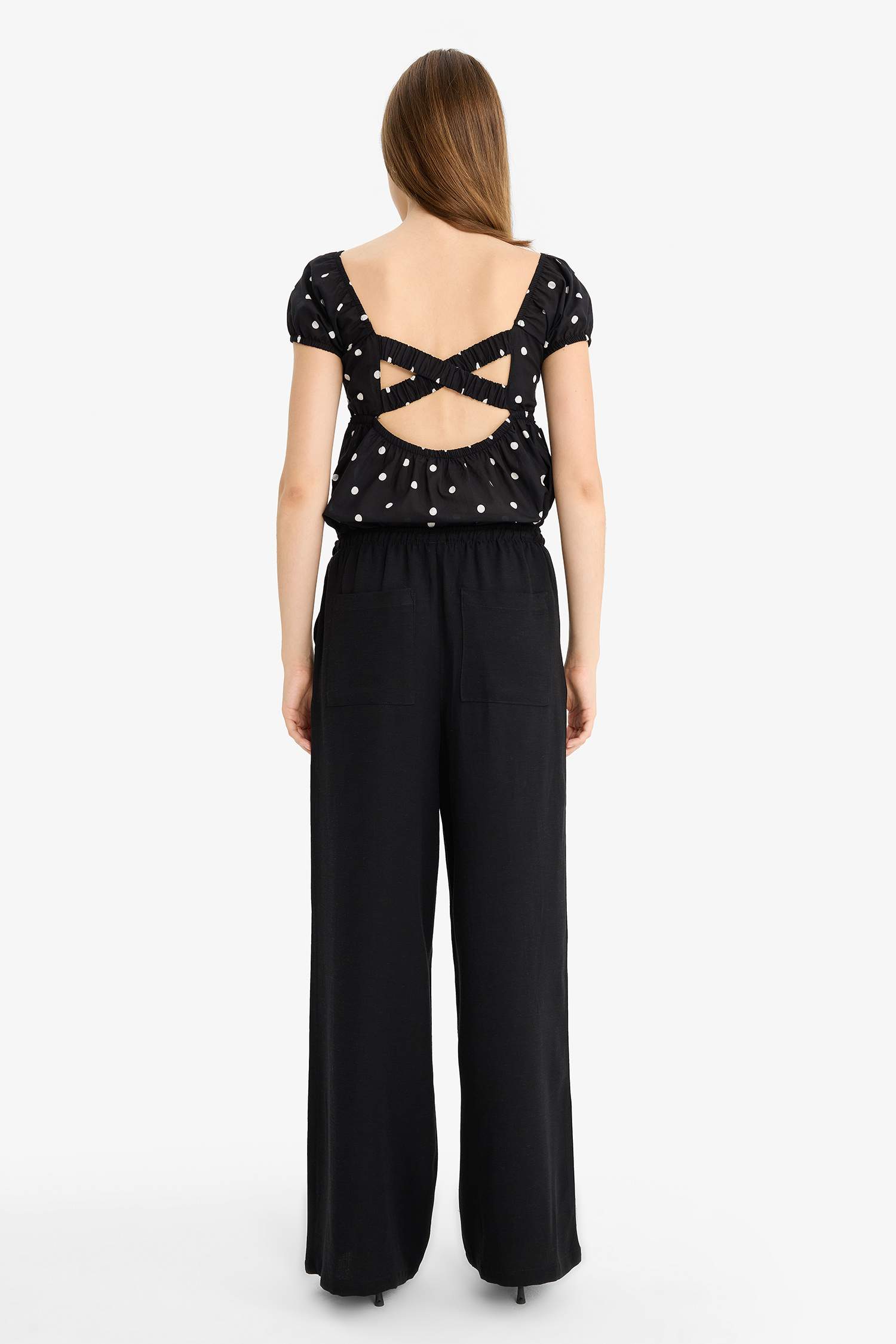 Wide Leg Cepli Yüksek Bel Standart Boy Keten Karışımlı Pantolon