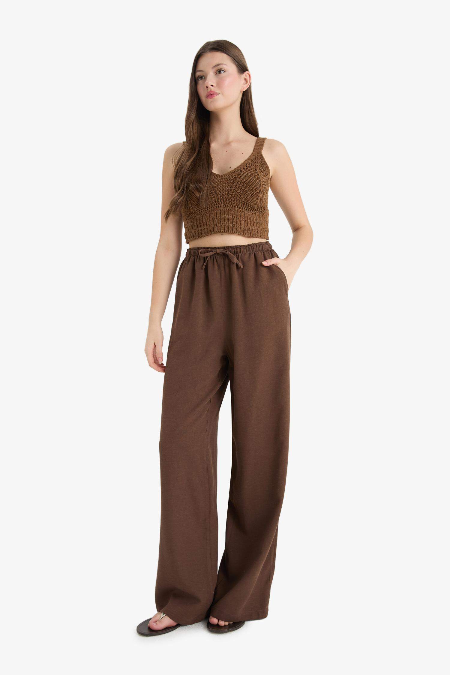 Wide Leg Cepli Yüksek Bel Standart Boy Keten Karışımlı Pantolon