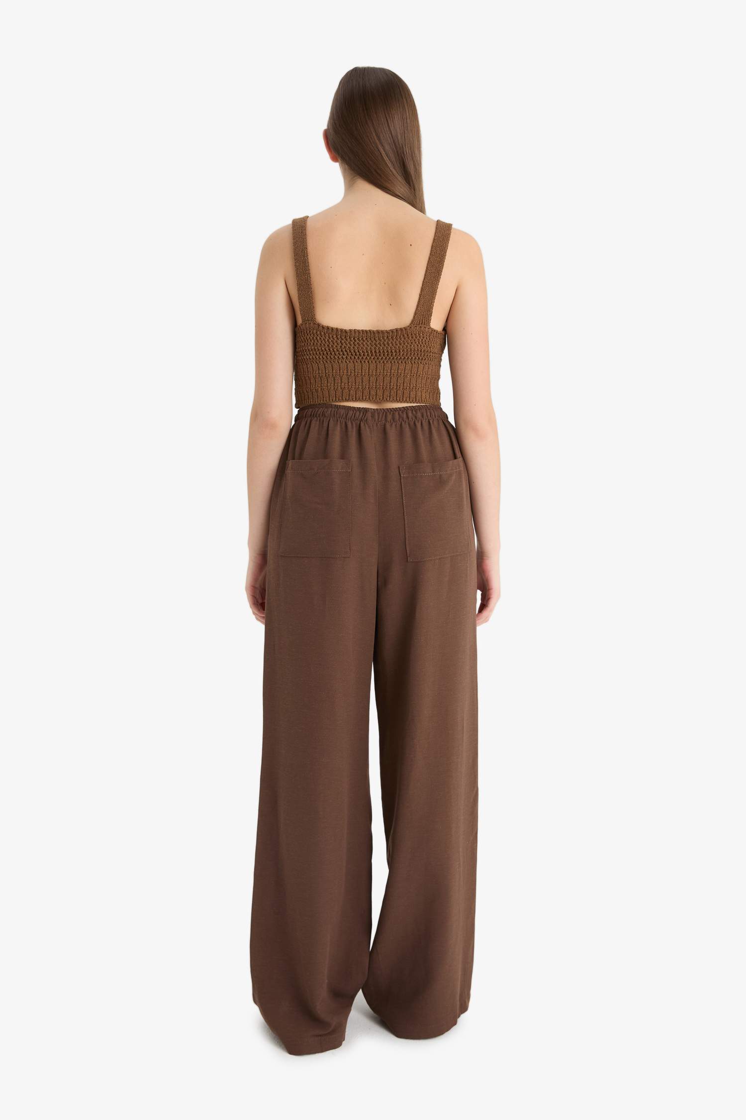 Wide Leg Cepli Yüksek Bel Standart Boy Keten Karışımlı Pantolon