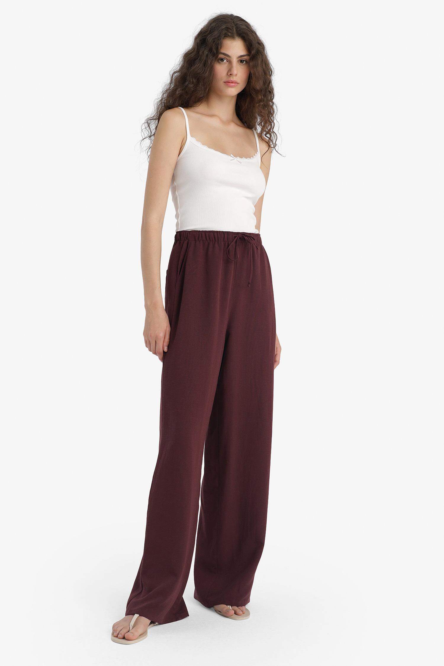 Wide Leg Cepli Yüksek Bel Standart Boy Keten Karışımlı Pantolon