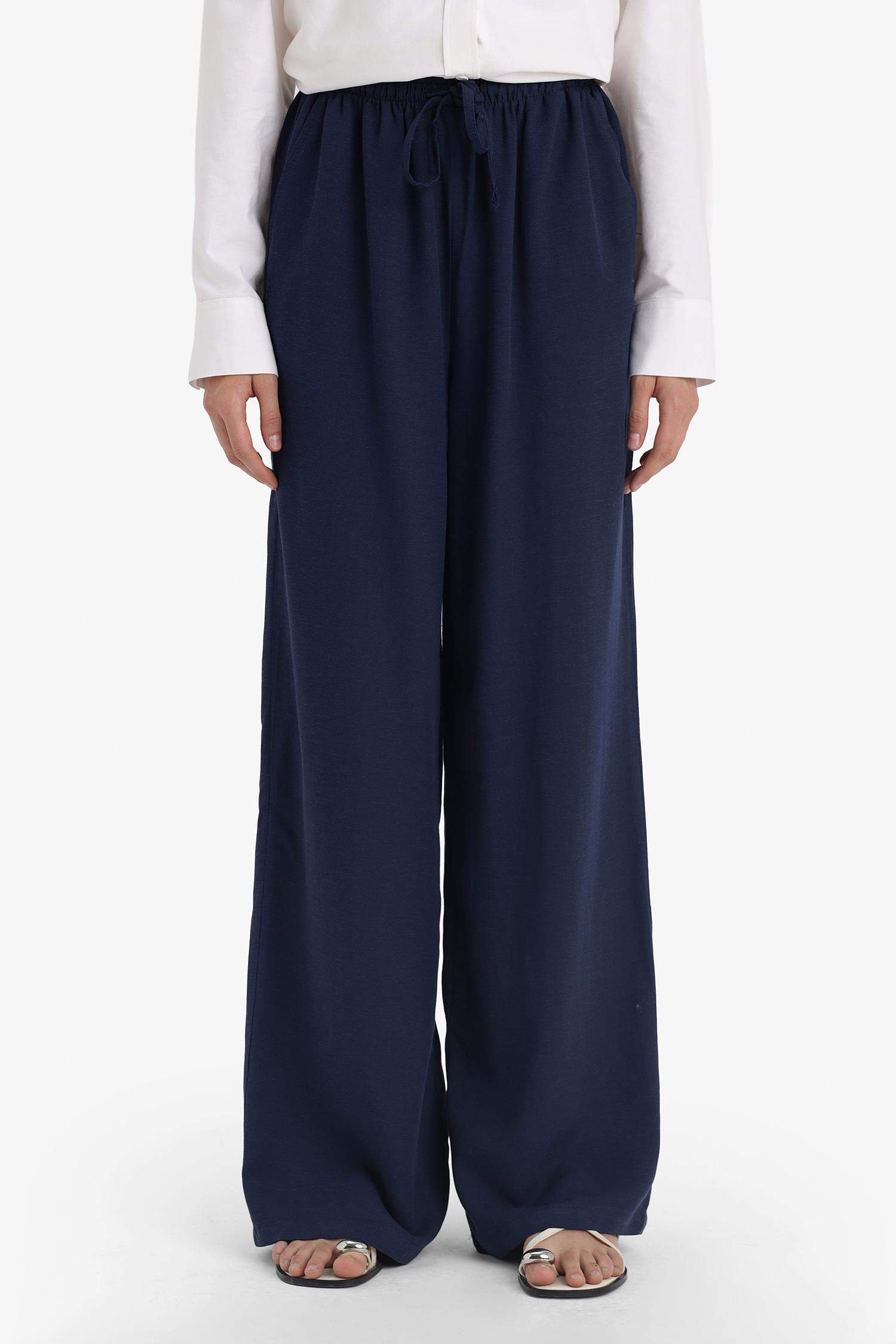 Wide Leg Pocketed High Waist Linen Blend Trousers