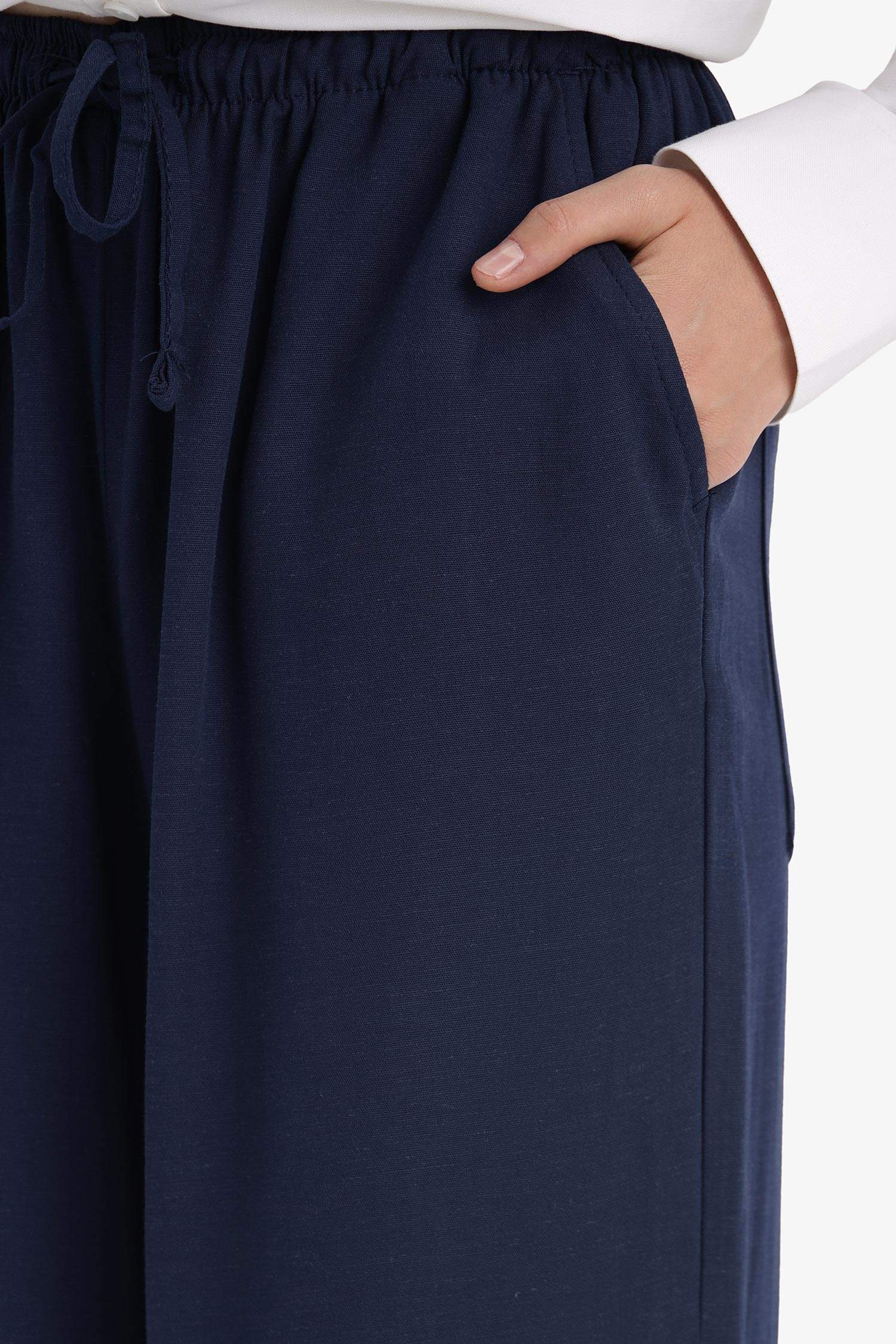 Wide Leg Pocketed High Waist Linen Blend Trousers