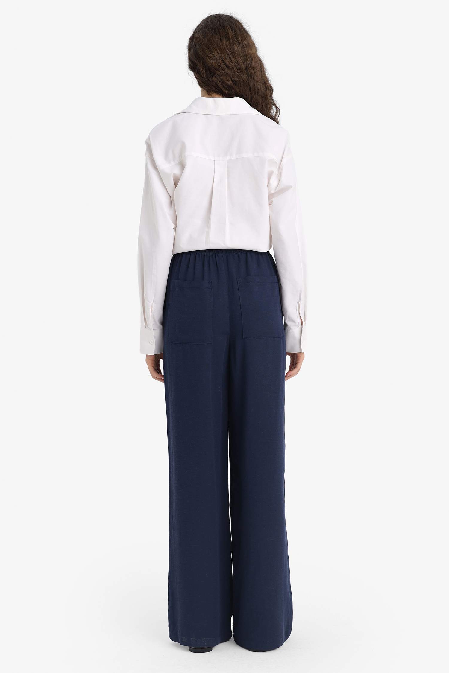 Wide Leg Pocketed High Waist Linen Blend Trousers