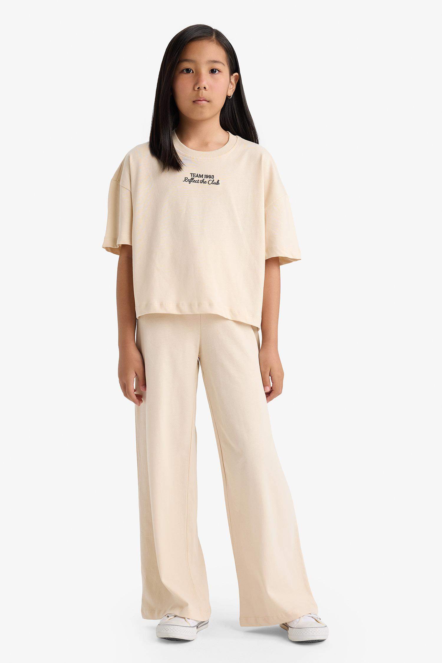 Kız Çocuk 2'li Takım Kısa Kollu Baskılı Tişört Beli Lastikli Uzun Alt