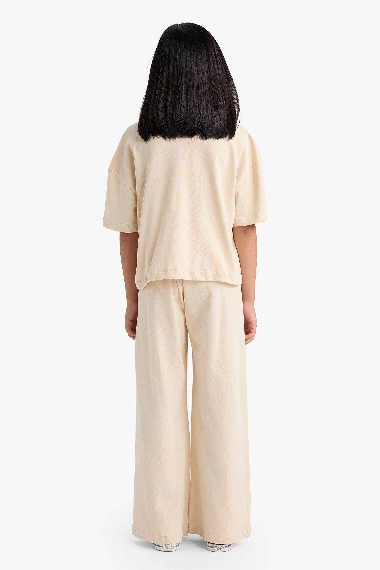 Kız Çocuk 2'li Takım Kısa Kollu Baskılı Tişört Beli Lastikli Uzun Alt