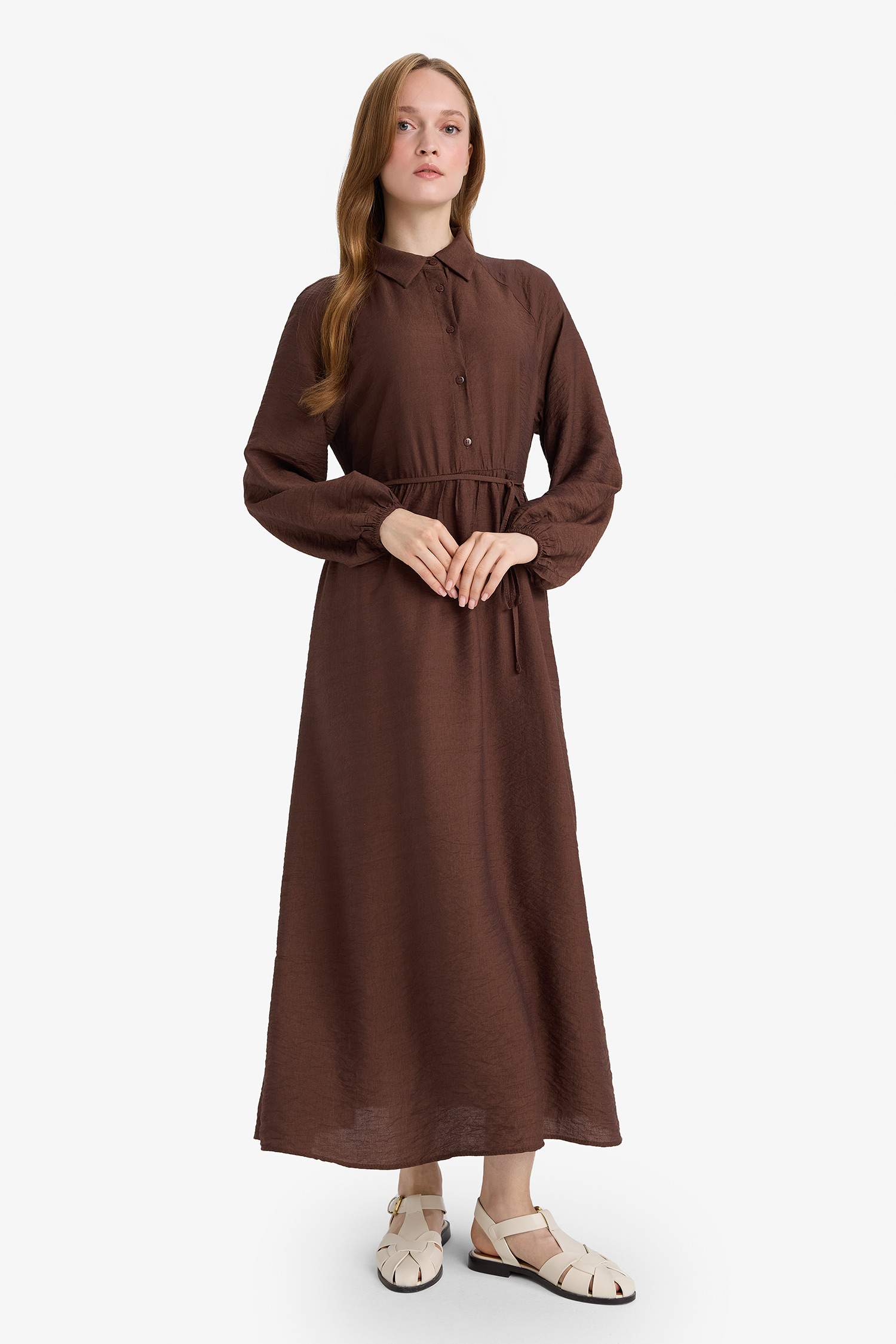 فستان طويل بكم طويل قصة مريحة