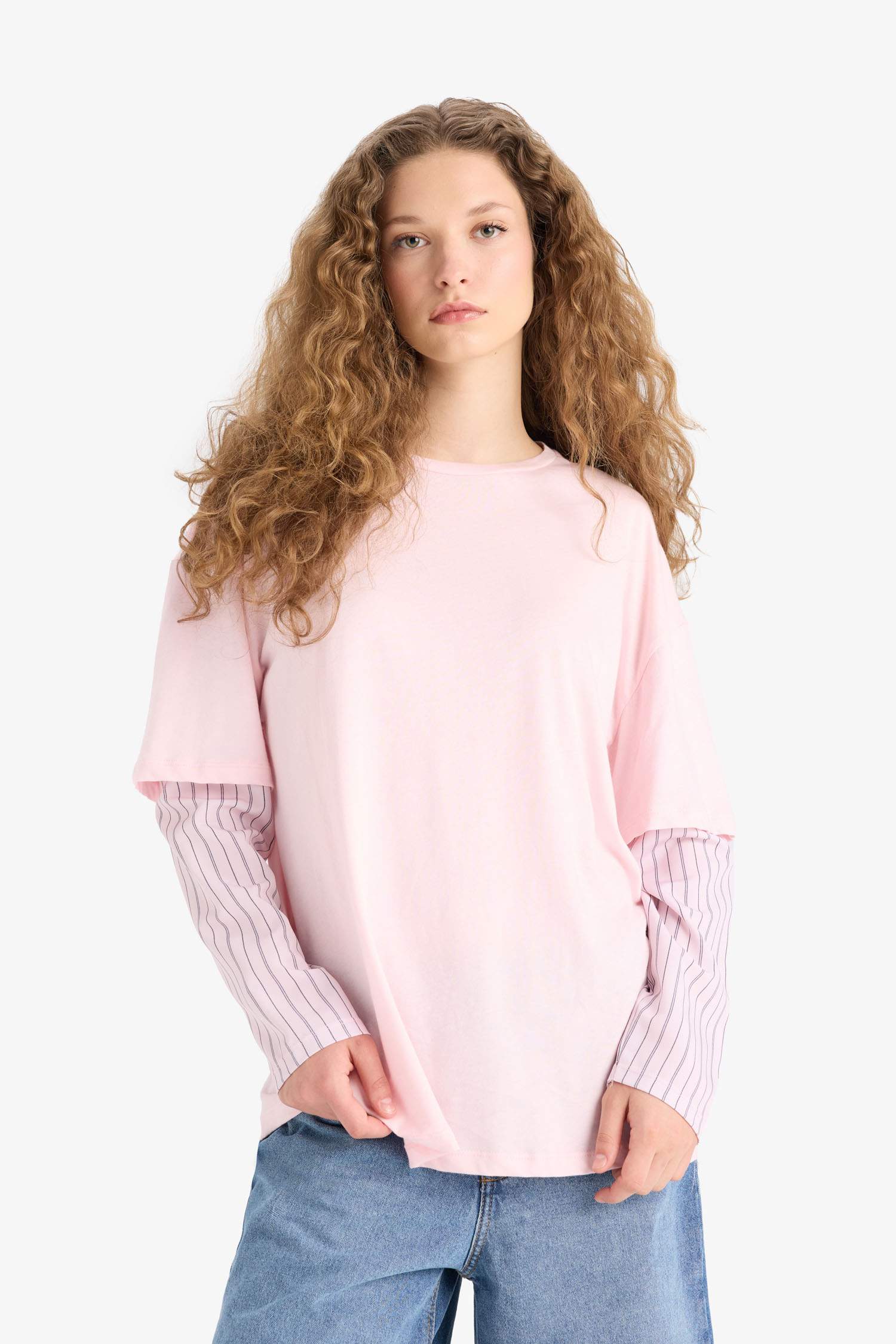 Oversize Geniş Kalıp Bisiklet Yaka Uzun Kol Detaylı Tişört