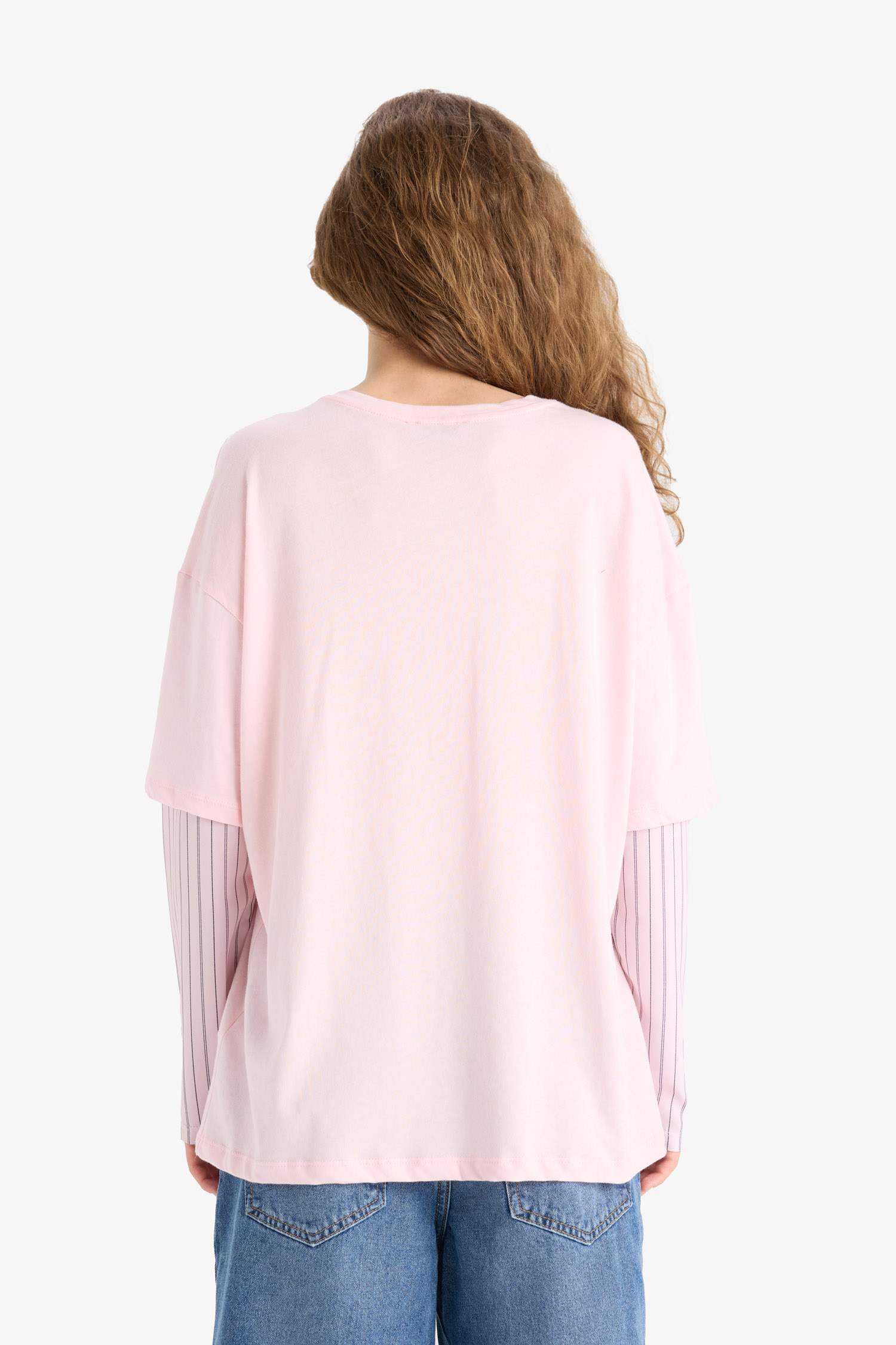 Oversize Geniş Kalıp Bisiklet Yaka Uzun Kol Detaylı Tişört