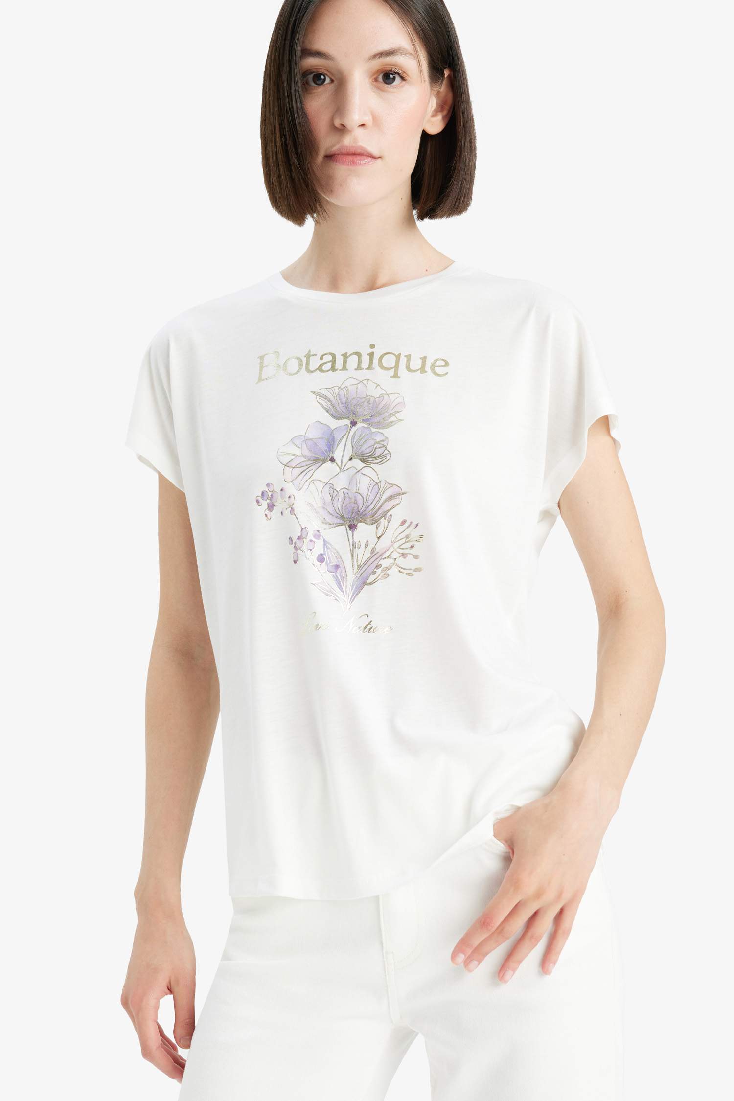 Bisiklet Yaka Çiçek Baskılı Kısa Kollu Tişört