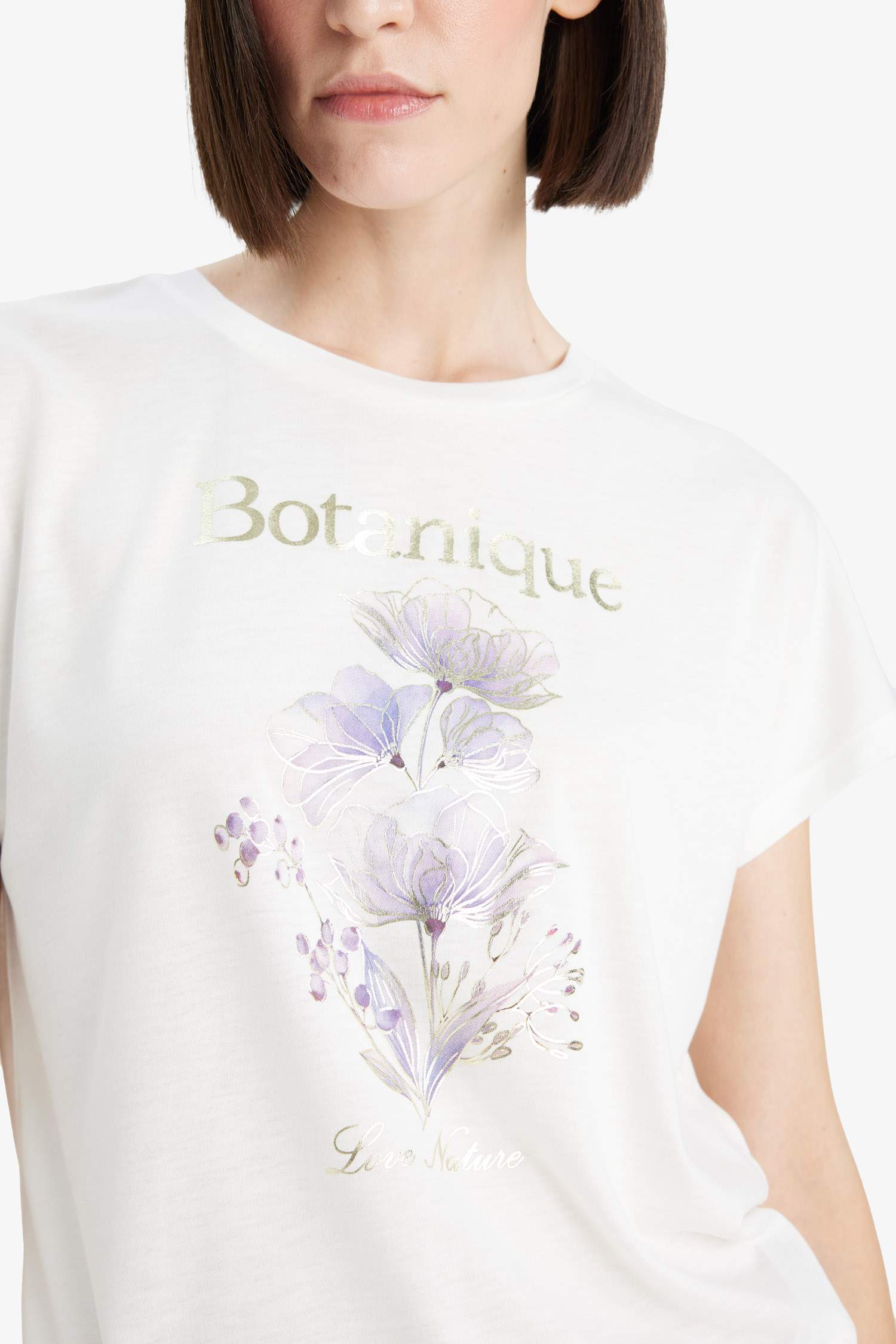 Bisiklet Yaka Çiçek Baskılı Kısa Kollu Tişört