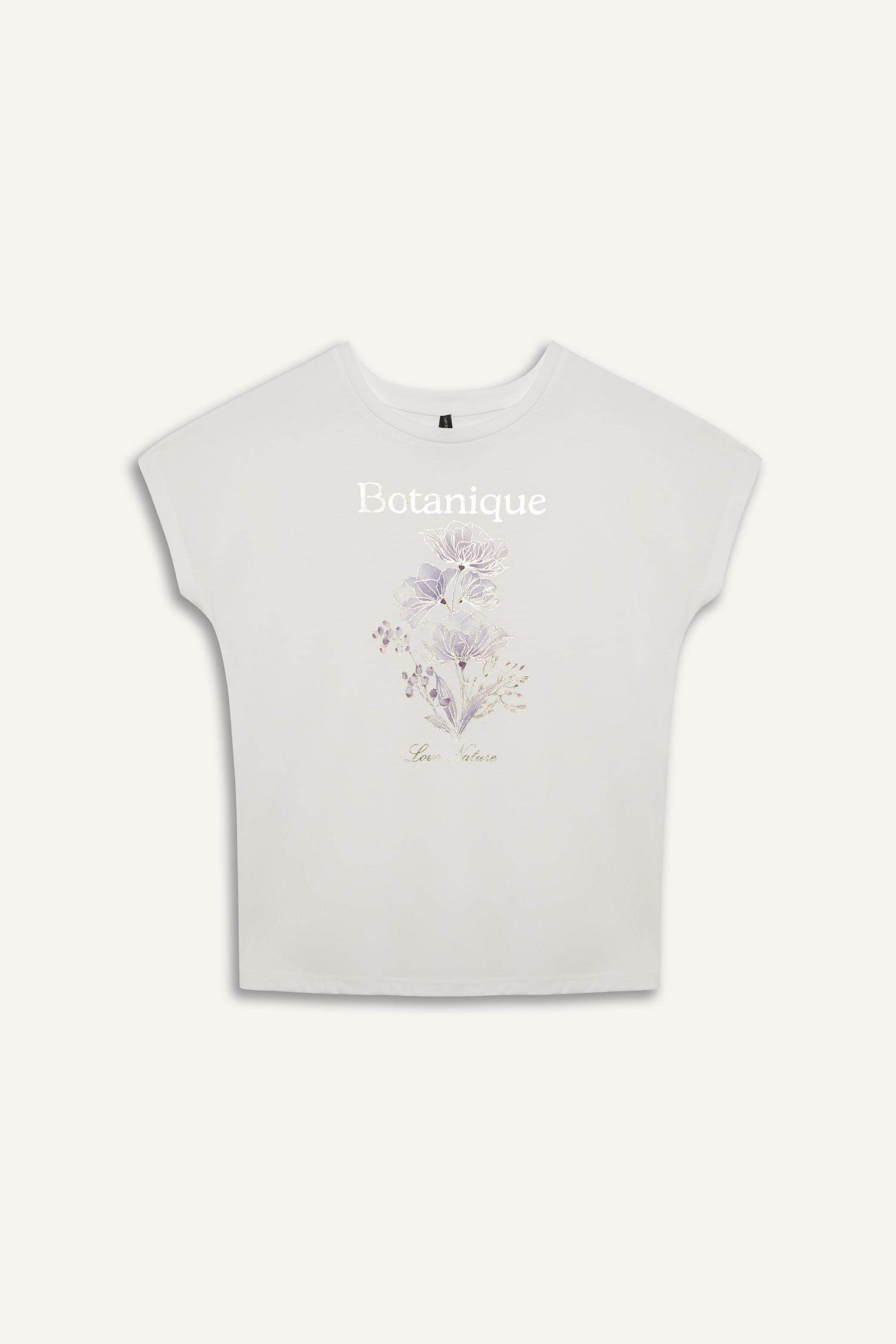 Bisiklet Yaka Çiçek Baskılı Kısa Kollu Tişört