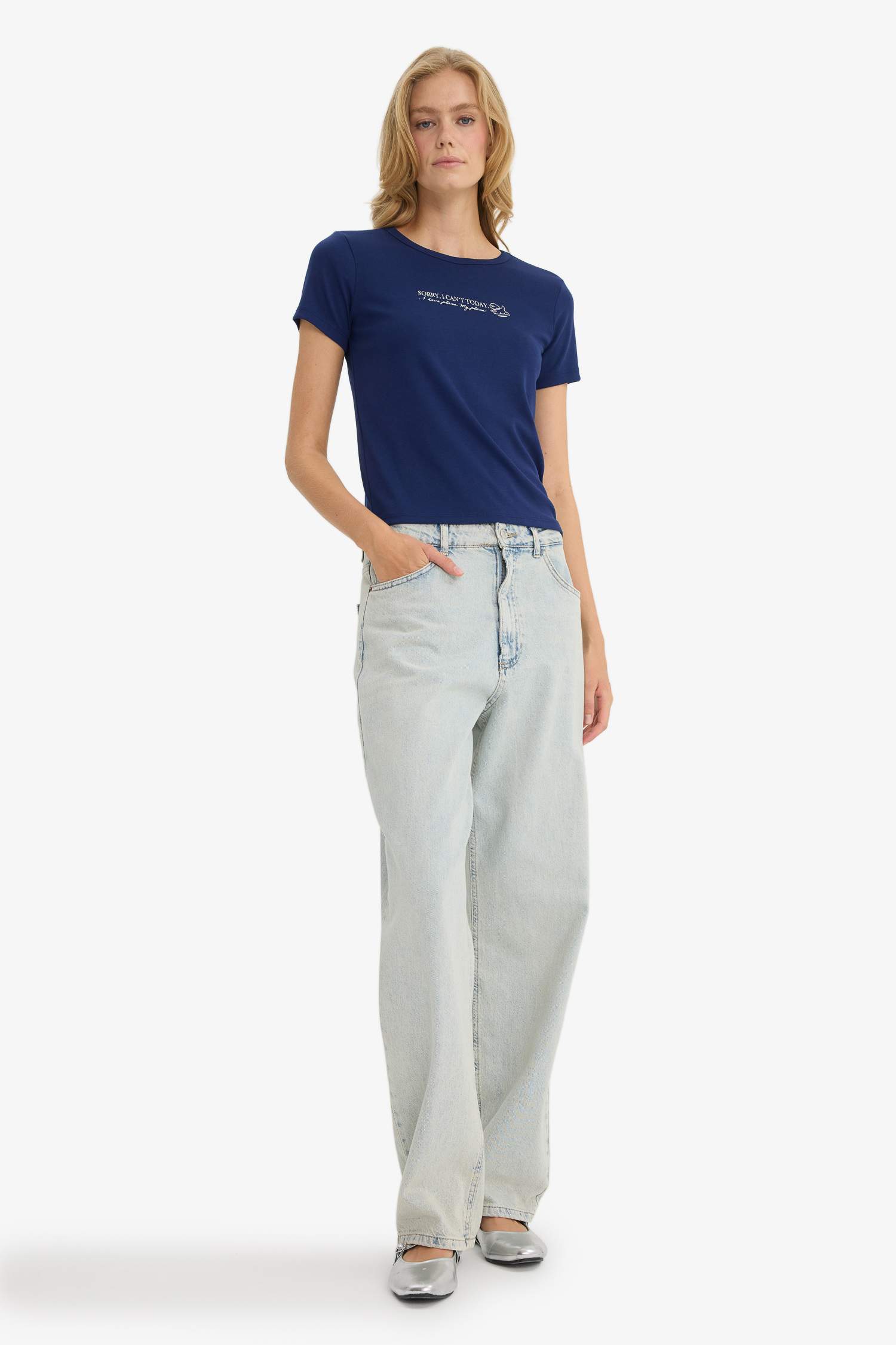 Regular Fit Bisiklet Yaka Baskılı Ribana Kısa Kollu Tişört