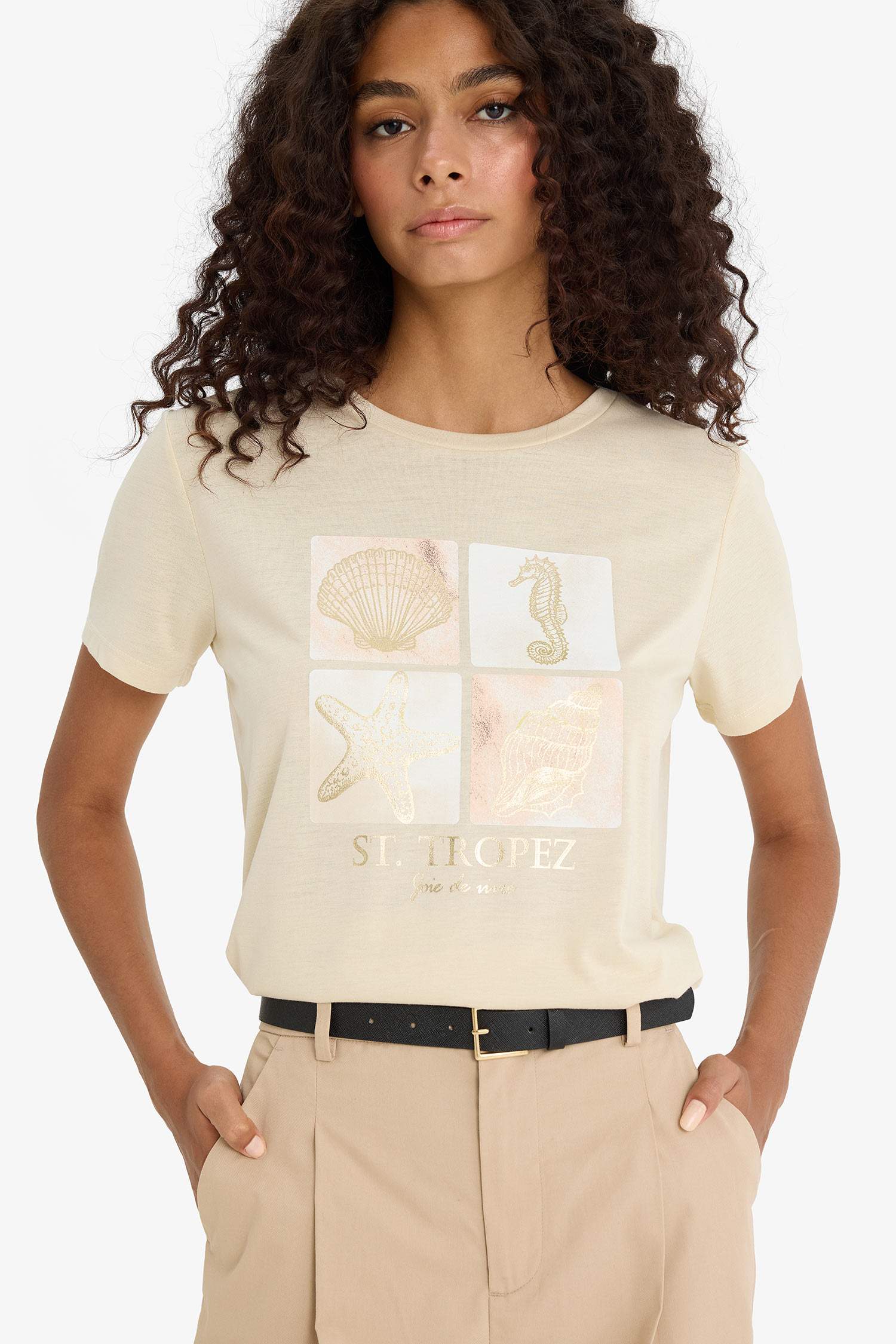 Regular Fit Bisiklet Yaka Deniz Baskılı Kısa Kollu Tişört