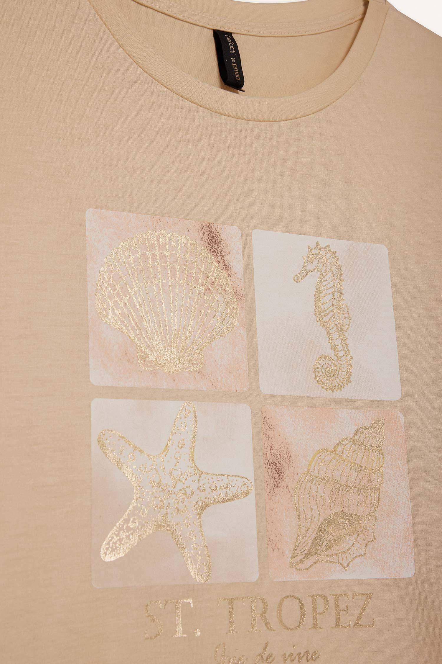 Regular Fit Bisiklet Yaka Deniz Baskılı Kısa Kollu Tişört