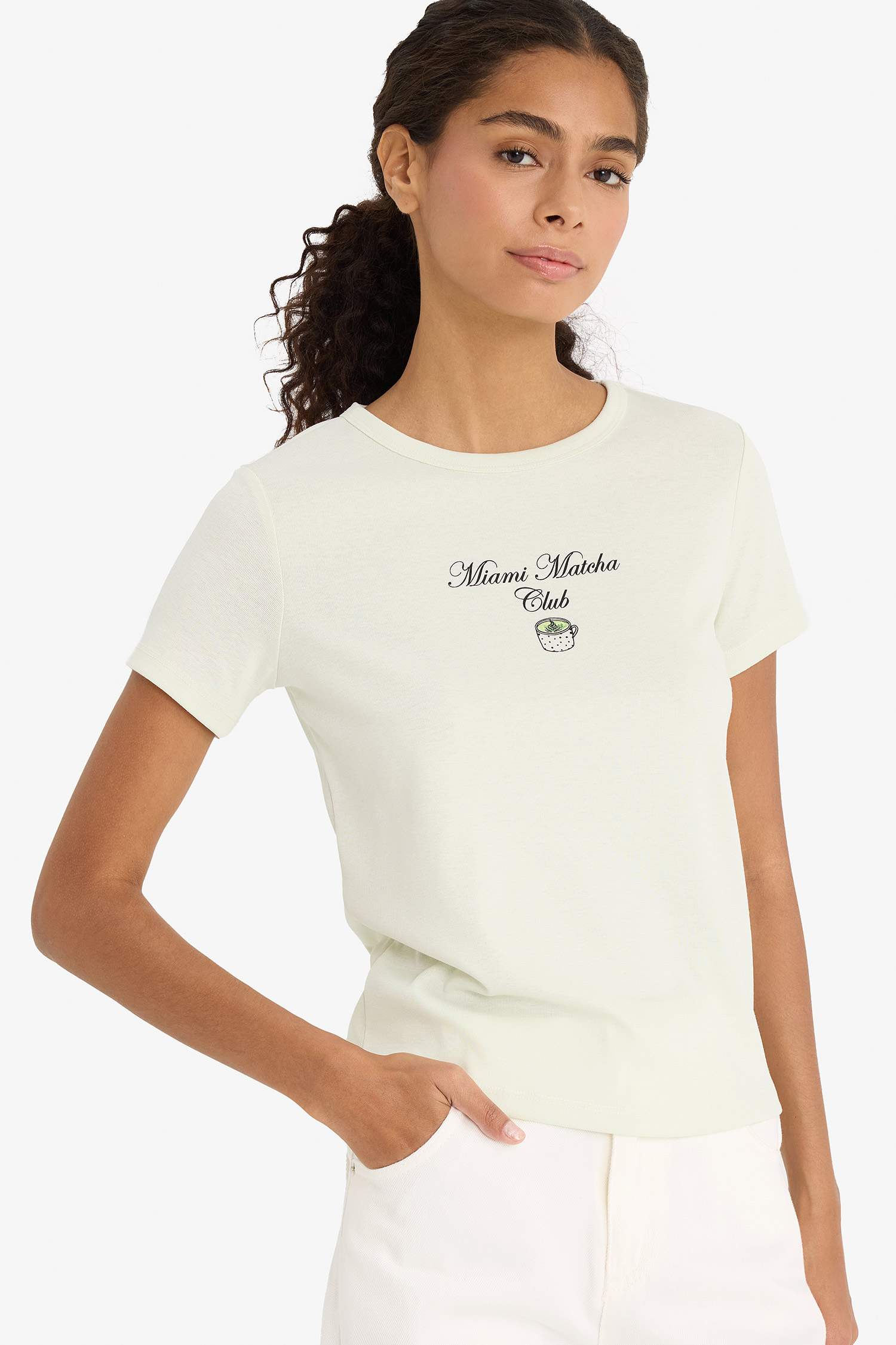 Regular Fit Crew Neck Slogan Printed Ribbon T-Shirt