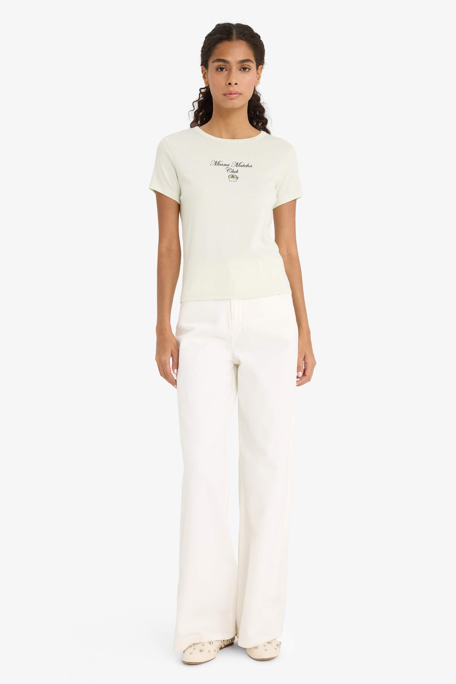 Regular Fit Crew Neck Slogan Printed Ribbon T-Shirt