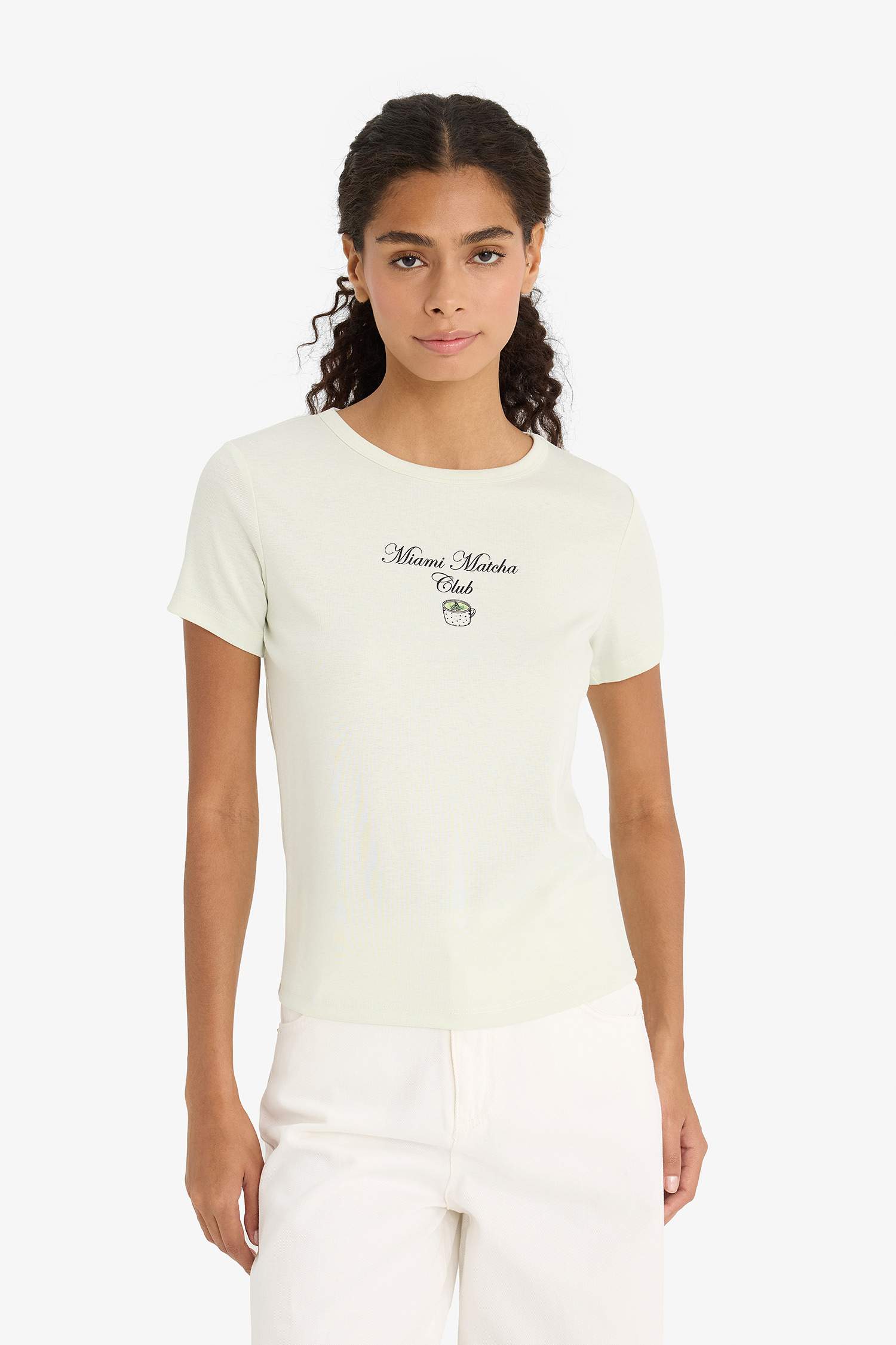 Regular Fit Crew Neck Slogan Printed Ribbon T-Shirt