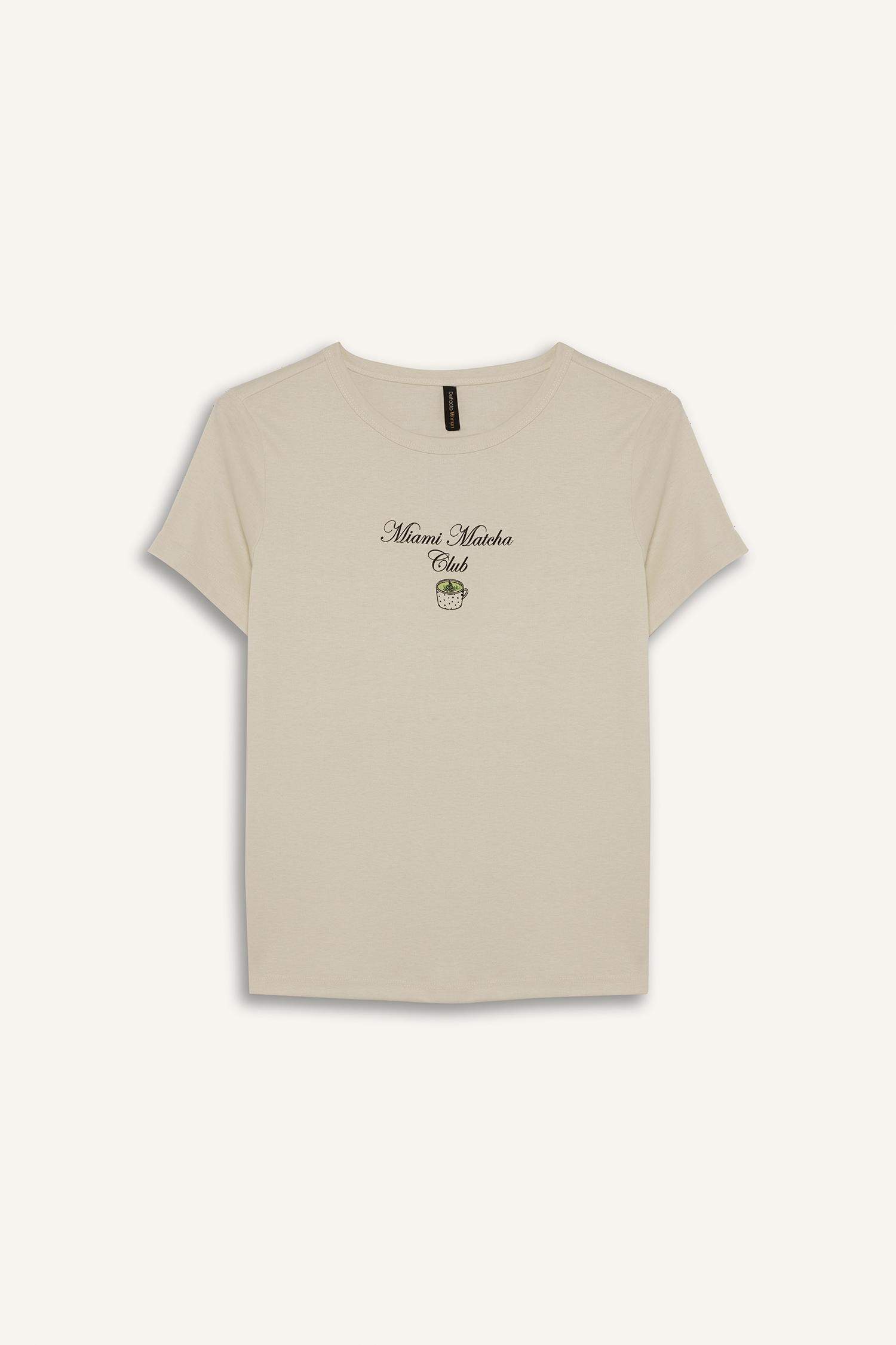 Regular Fit Crew Neck Slogan Printed Ribbon T-Shirt