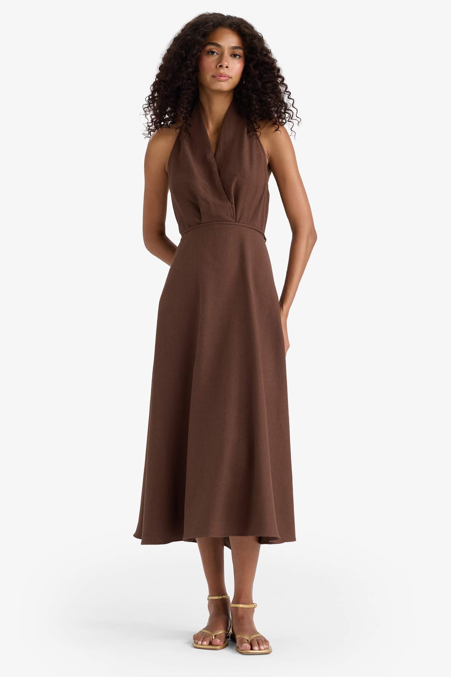 Flare Fit Keten Karışımlı Boyundan Bağlamalı Midi Elbise