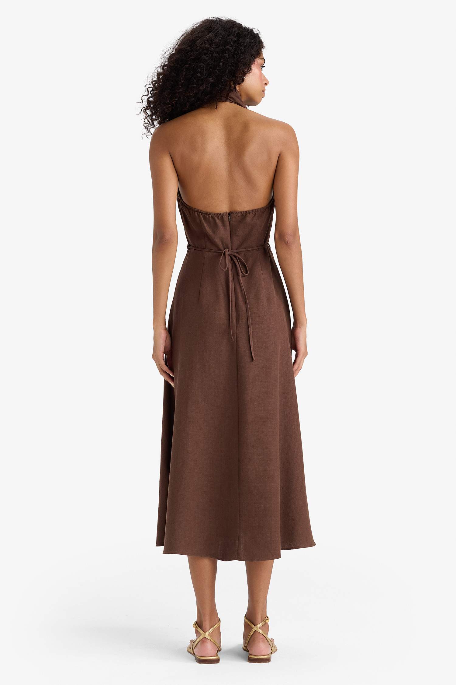 Flare Fit Linen Blend Halter Midi Dress