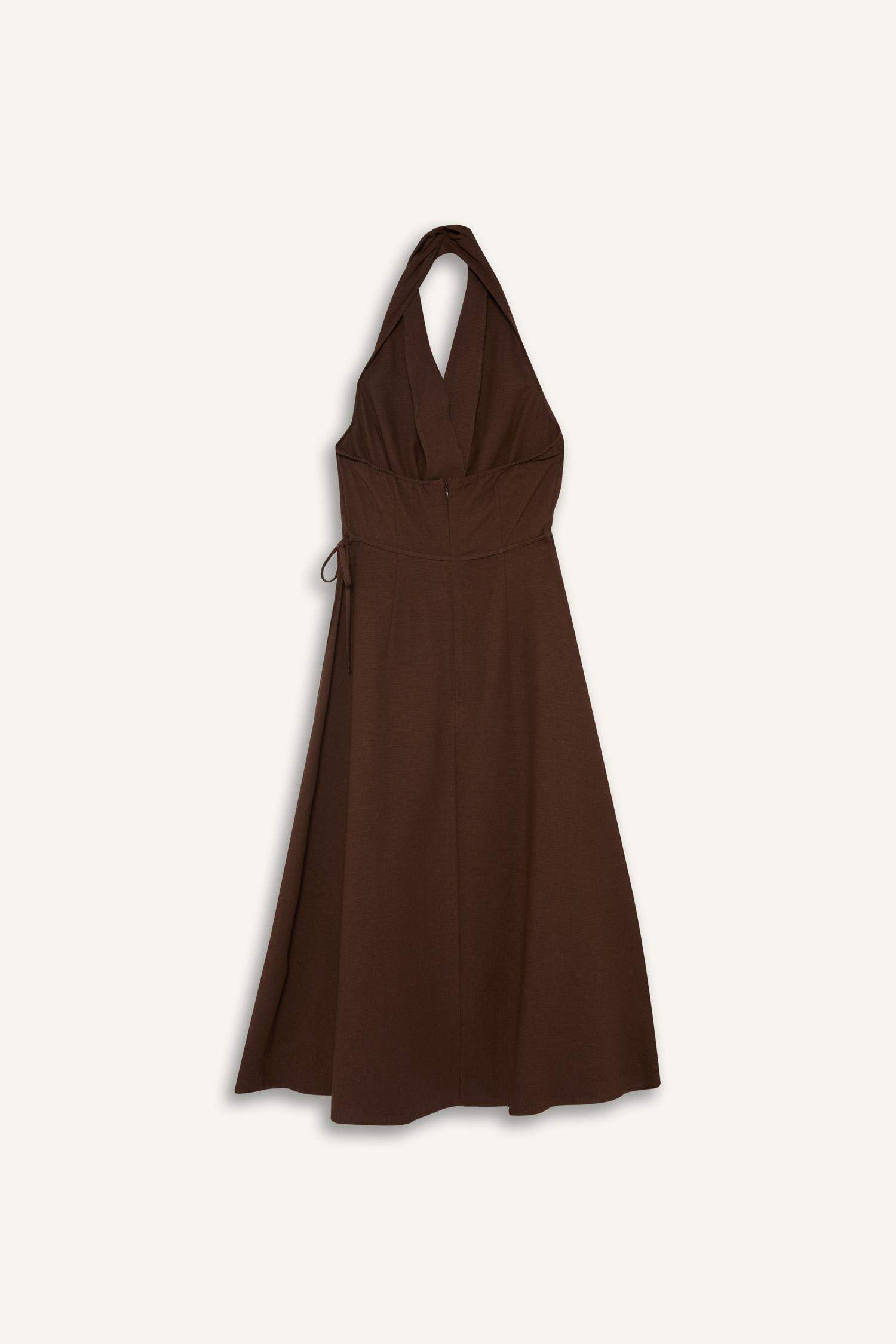 Flare Fit Linen Blend Halter Midi Dress