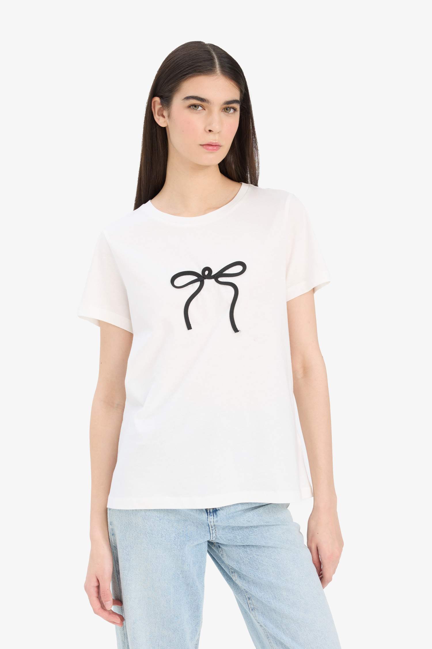 Regular Fit Bisiklet Yaka Aplike Baskılı Penye Kısa Kollu Tişört