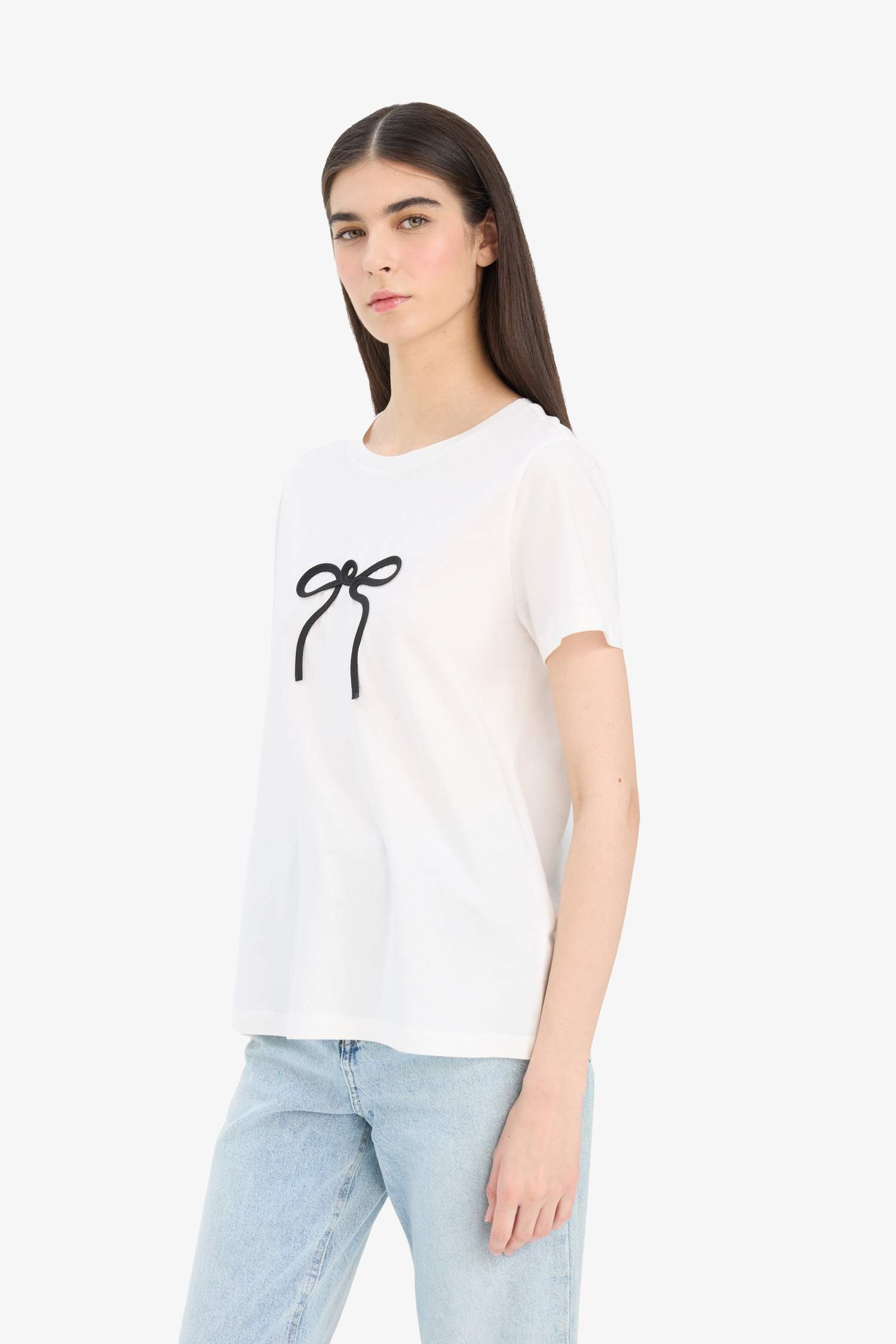 Regular Fit Bisiklet Yaka Aplike Baskılı Penye Kısa Kollu Tişört