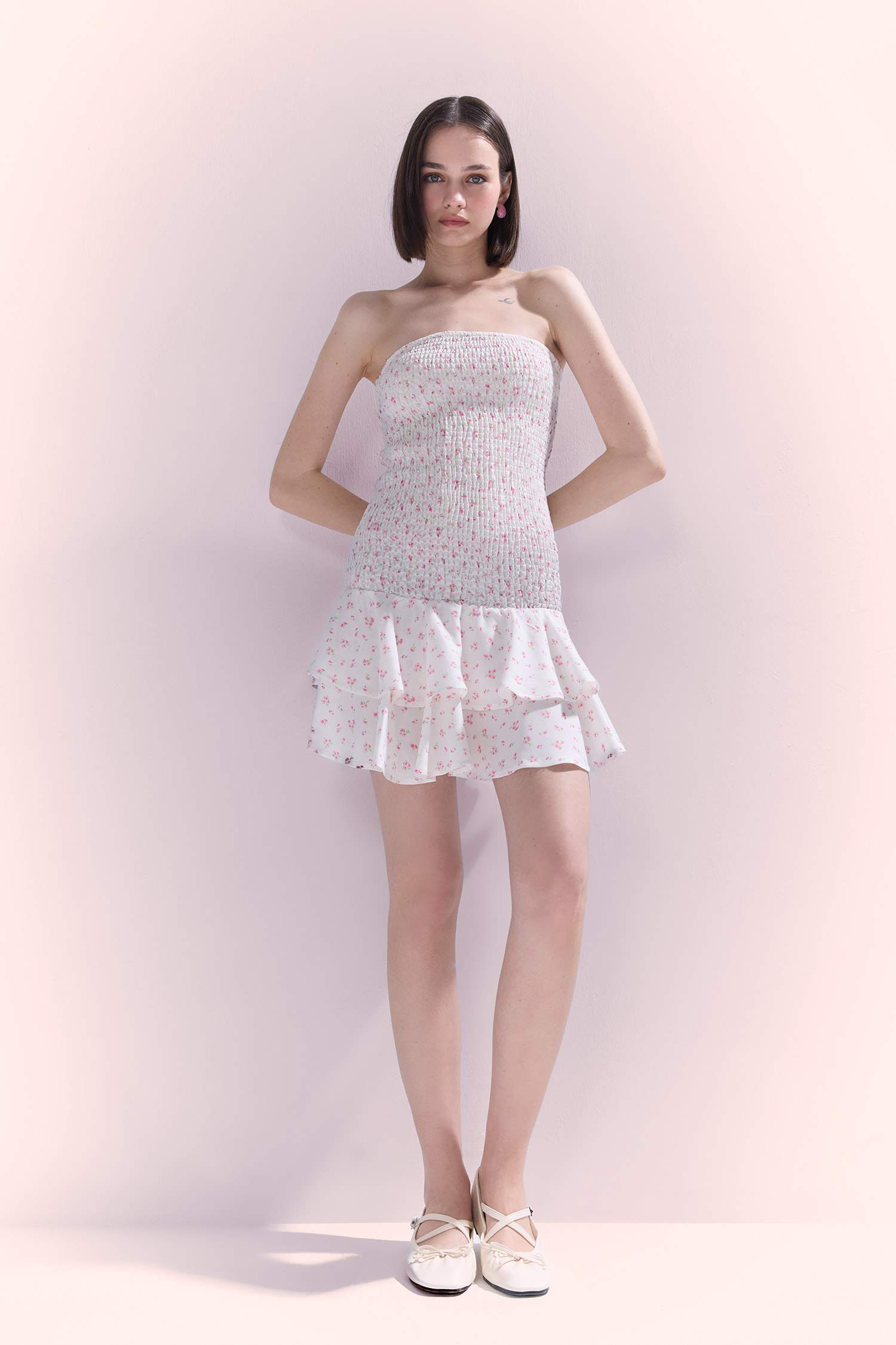 гүлді аспа баусыз жеңсіз Қысқа жеңді тоқылған көйлек