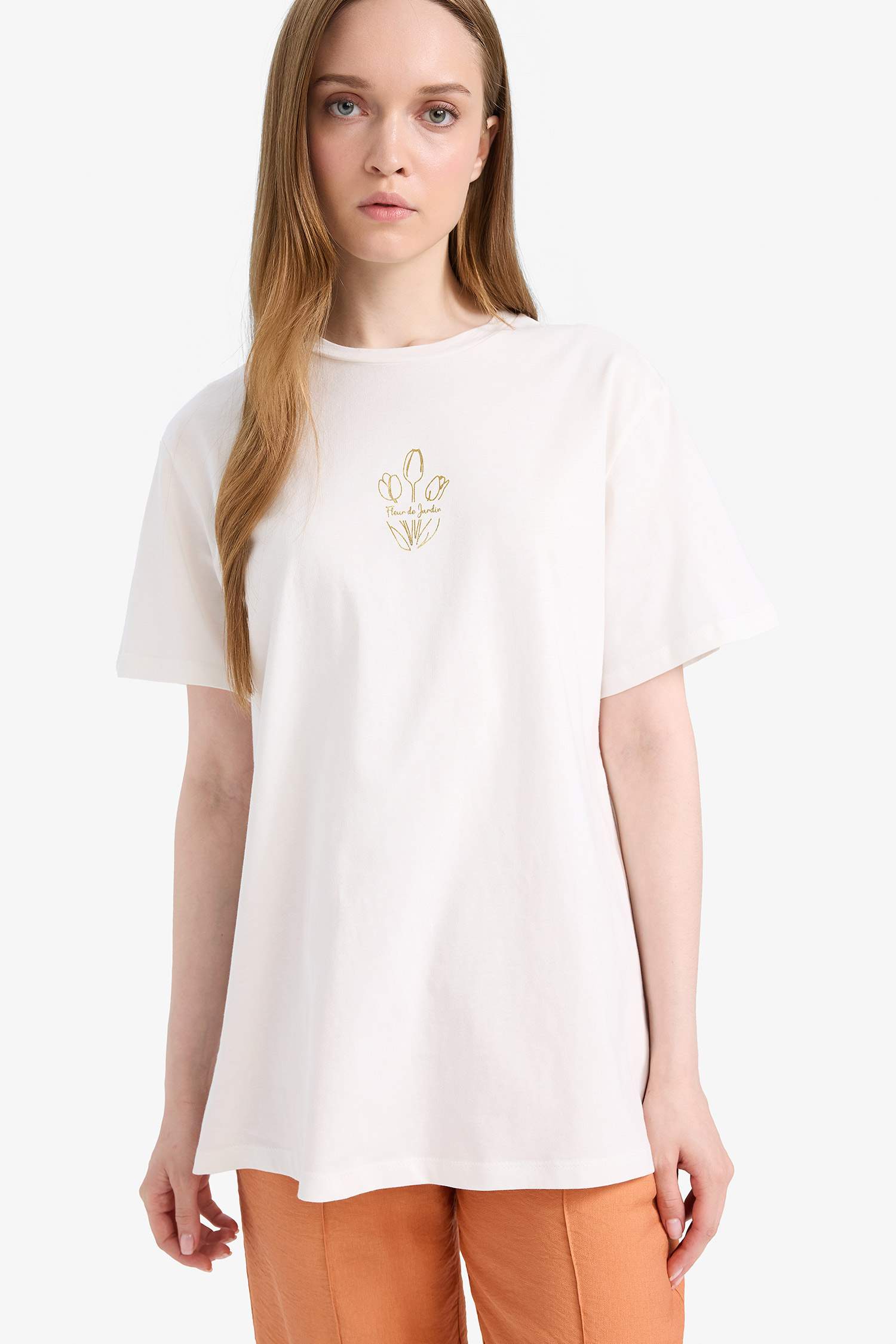 قميص طويل فلورال قصة عادية بياخة مستديرة