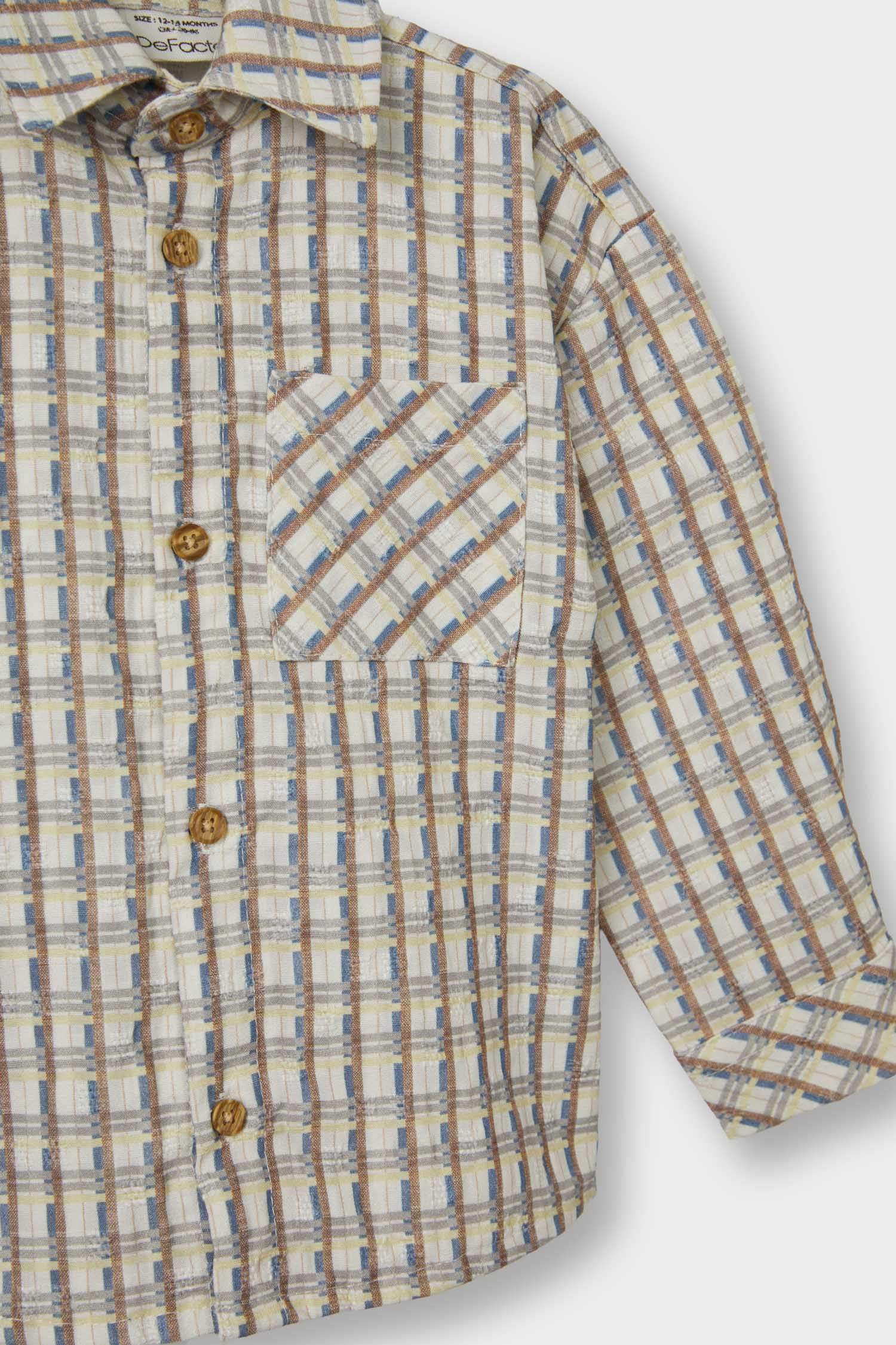 قميص كم طويل كاروهات منسوج قصة عادية بياقة قميص