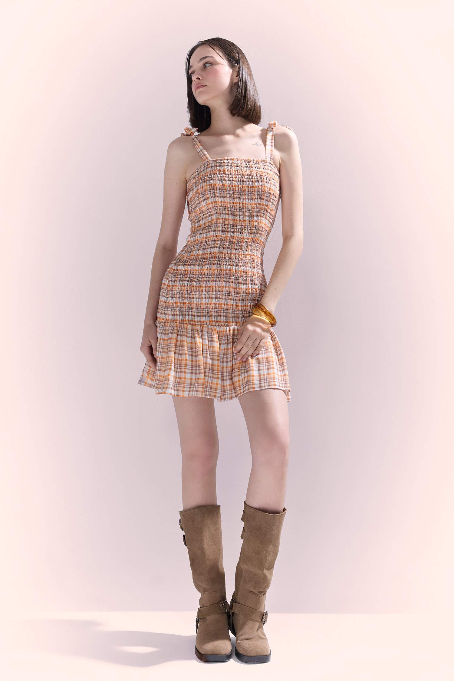 Coool Kareli Askılı Mini Elbise