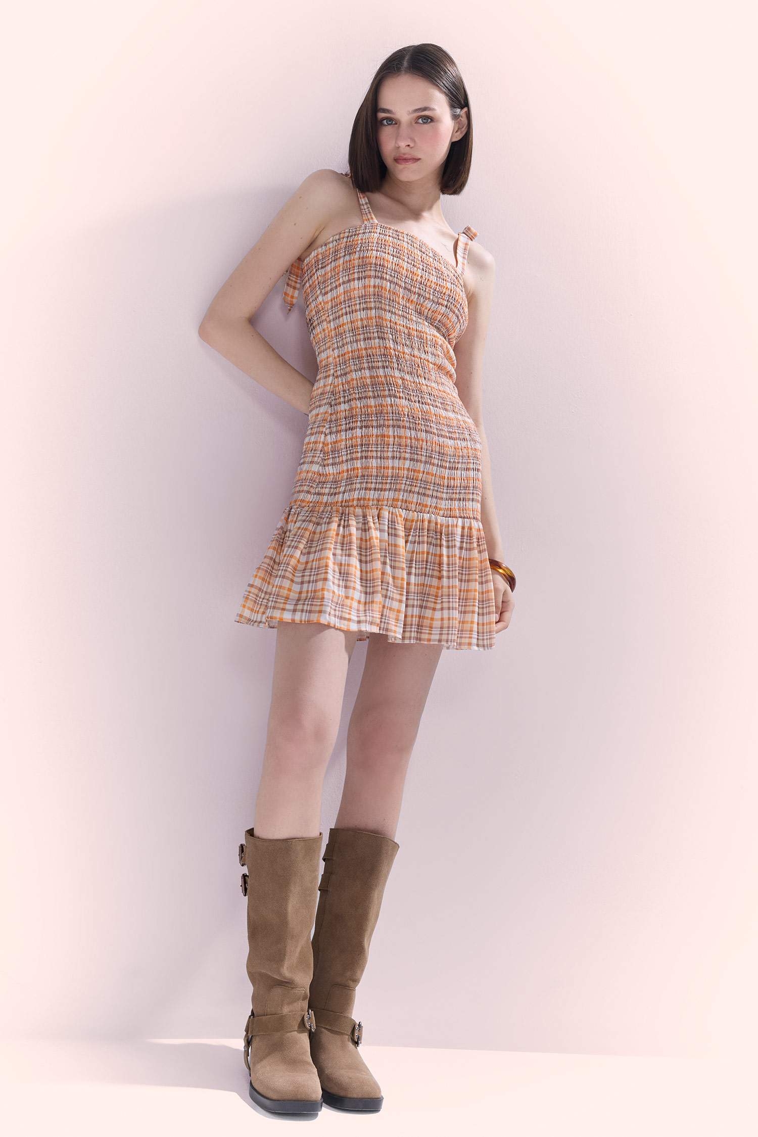 Coool Kareli Askılı Mini Elbise