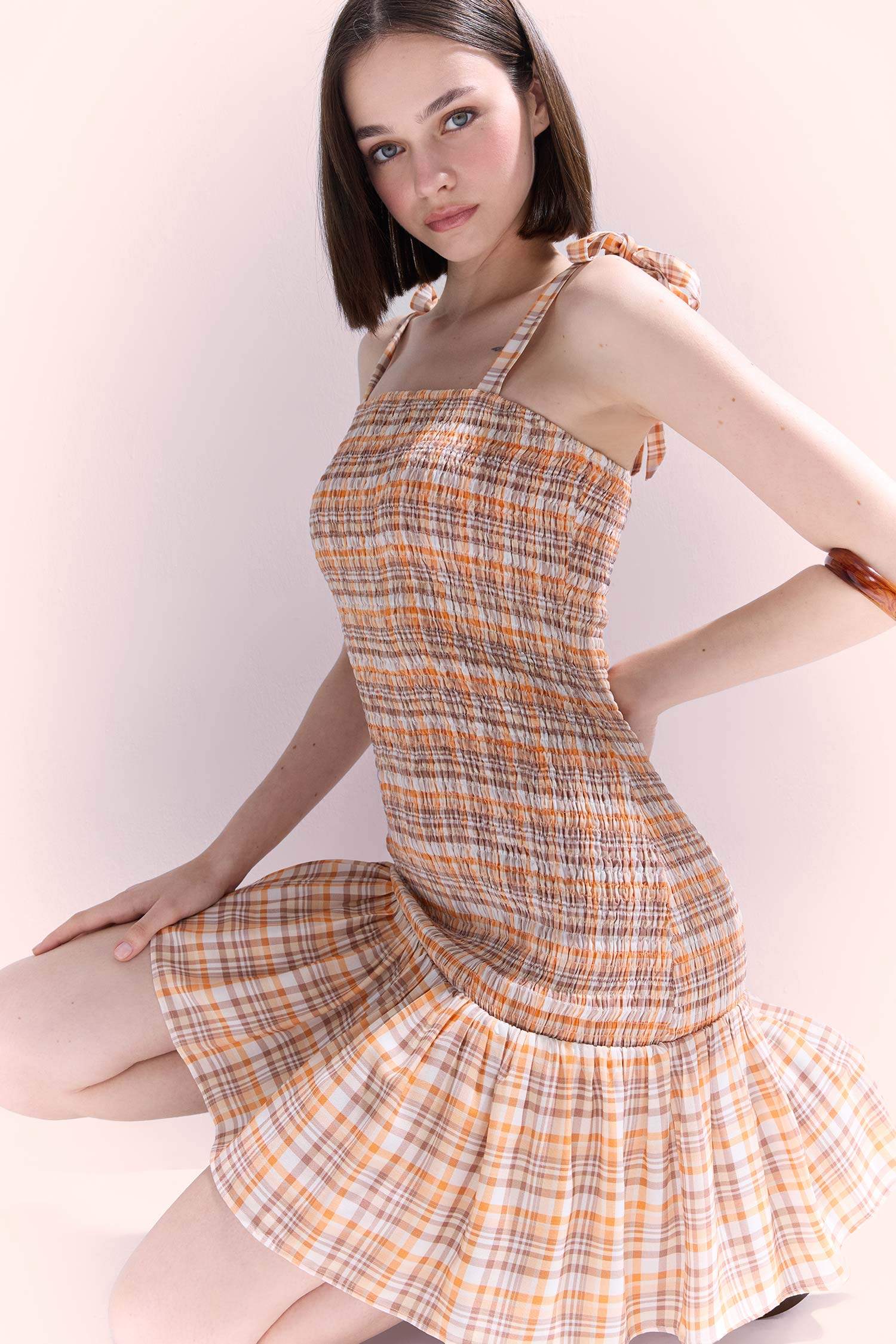 Coool Kareli Askılı Mini Elbise