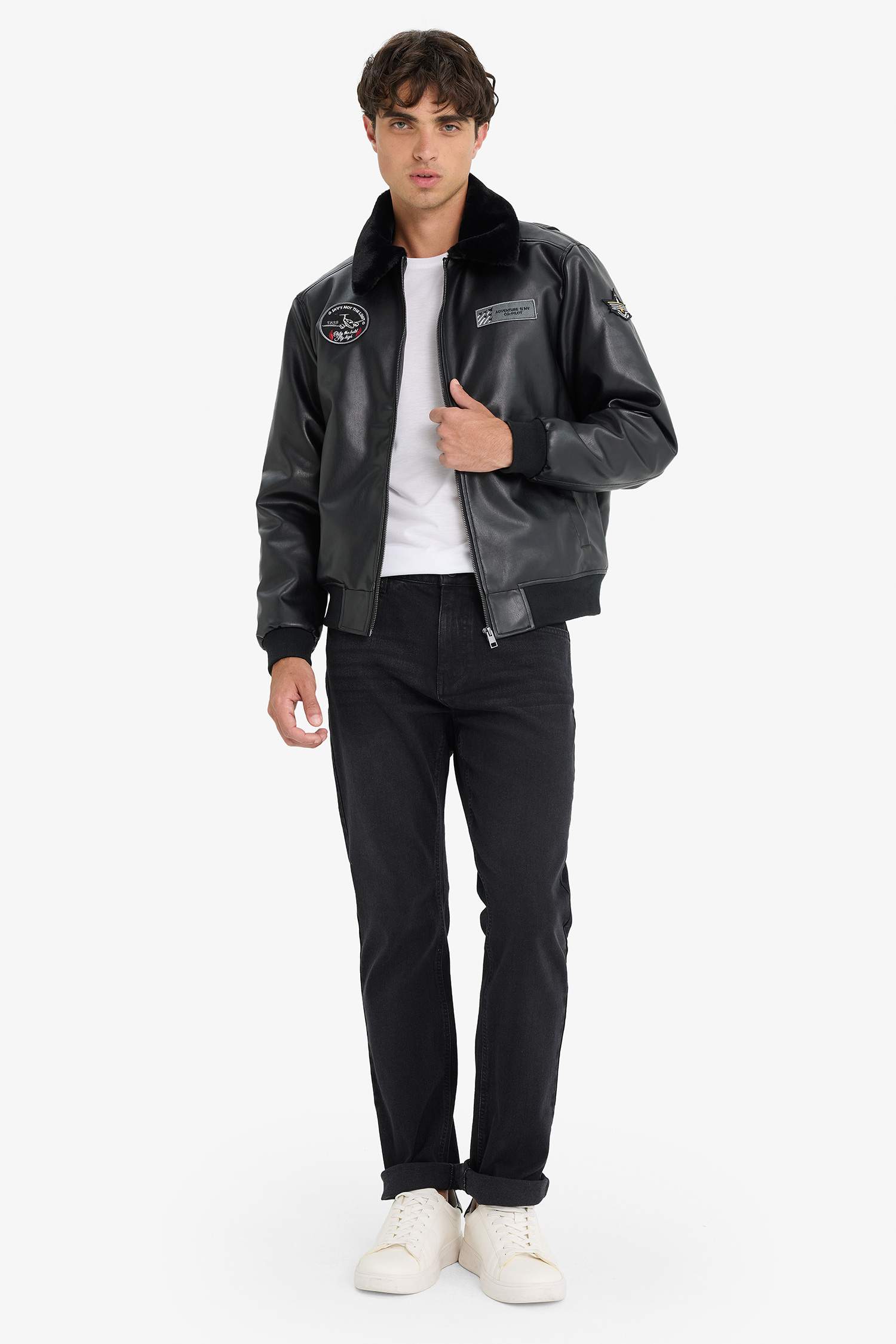 Regular Fit Peluş Yaka Triko Detaylı İç Cepli Suni Deri Pilot Ceket Mont