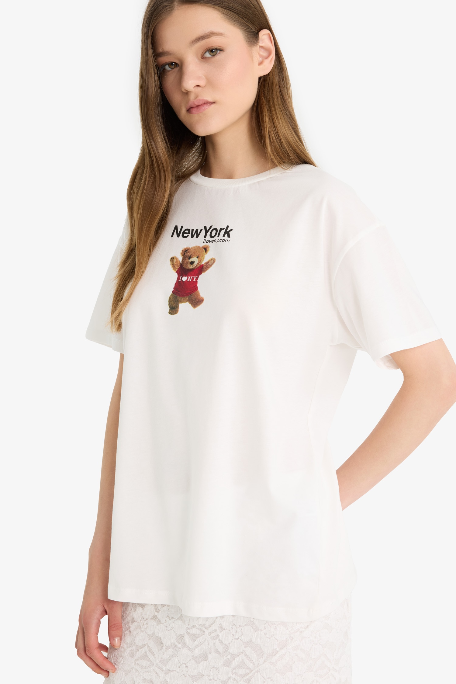 DeFacto %100 Pamuk I Love NY Oversıze Sırt Baskılı Tişört görsel 4