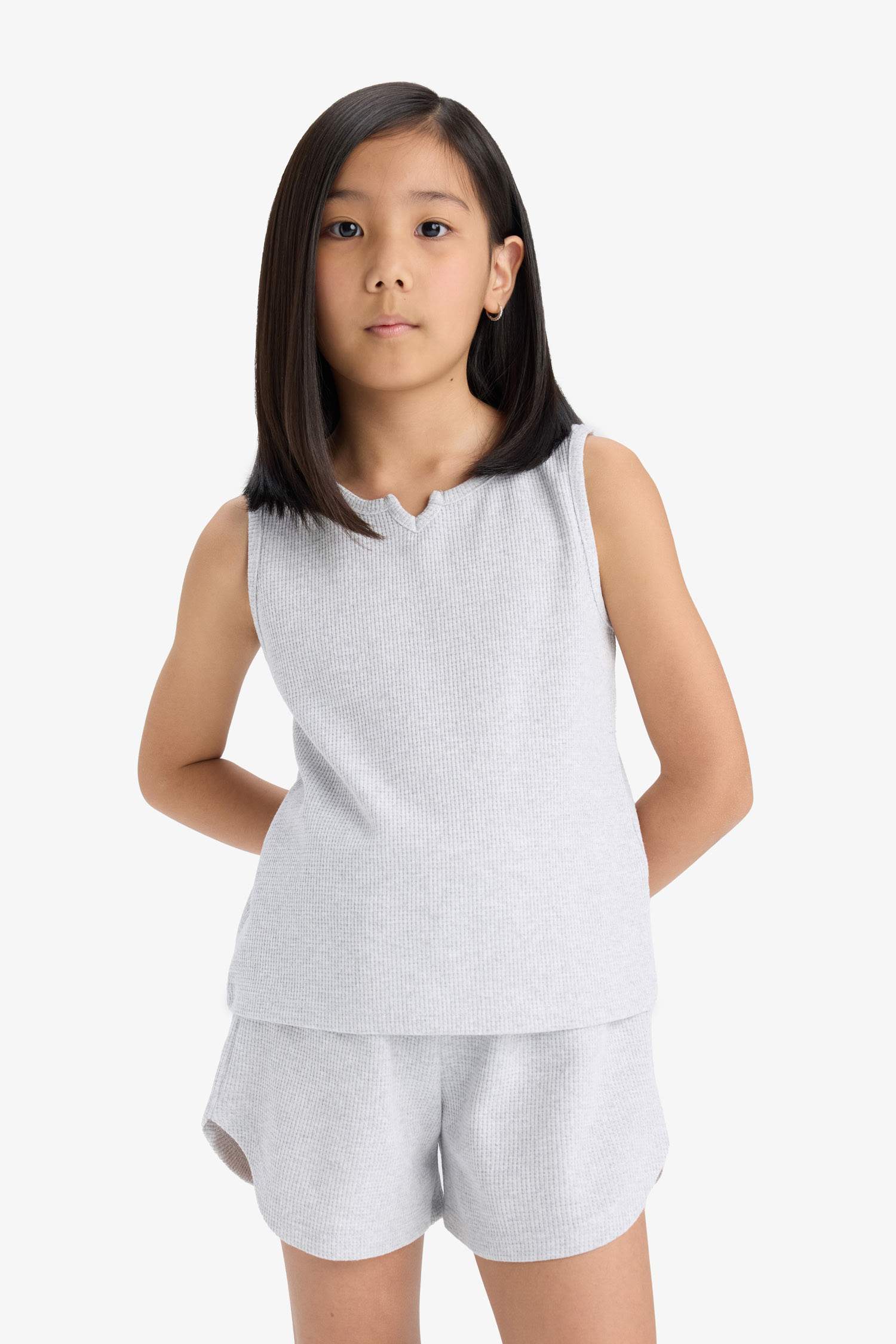 Kız Çocuk 2'li Takım Waffle Kolsuz Üst Beli Lastikli Şort Alt