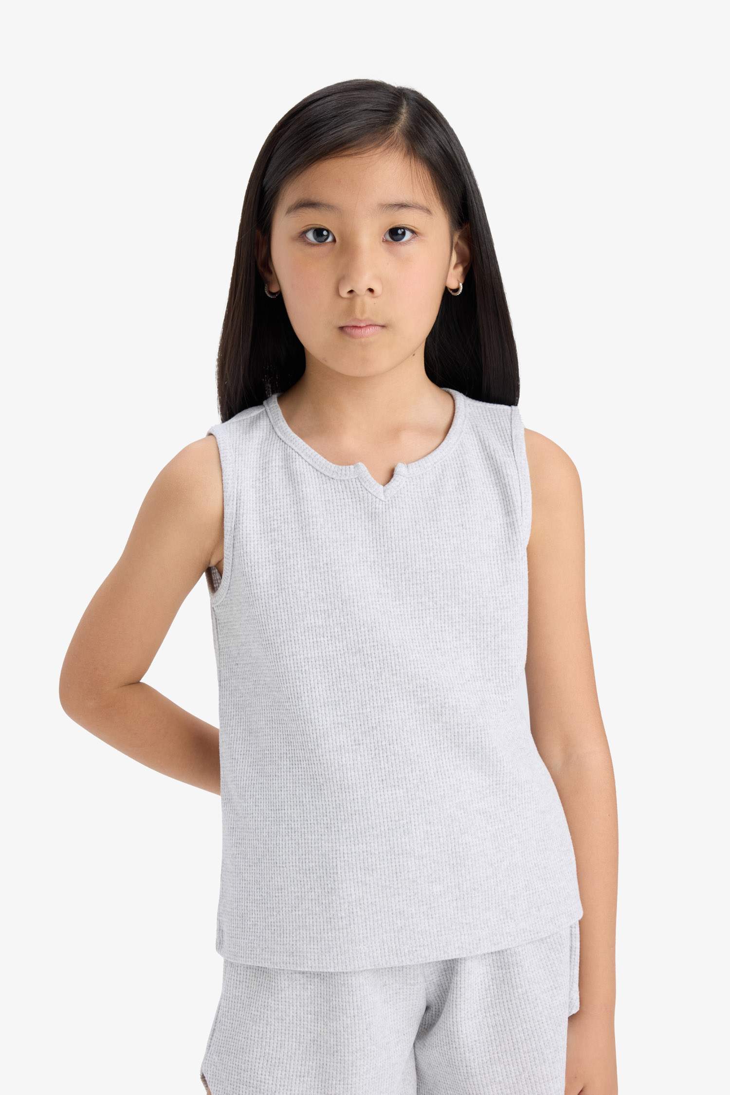 Kız Çocuk 2'li Takım Waffle Kolsuz Üst Beli Lastikli Şort Alt