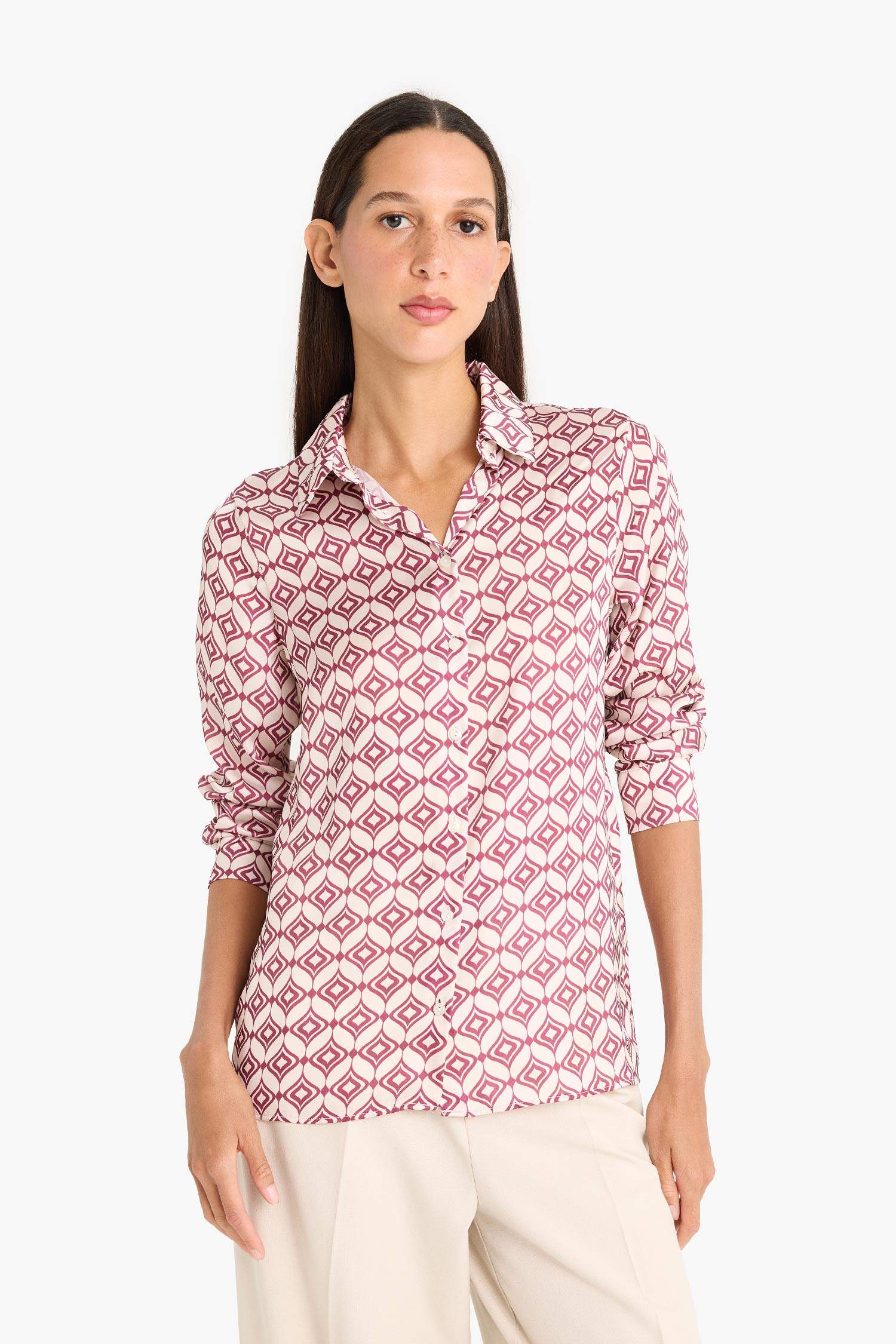 Regular Fit Shirt Collar Satin Printed Long Sleeve Shirt